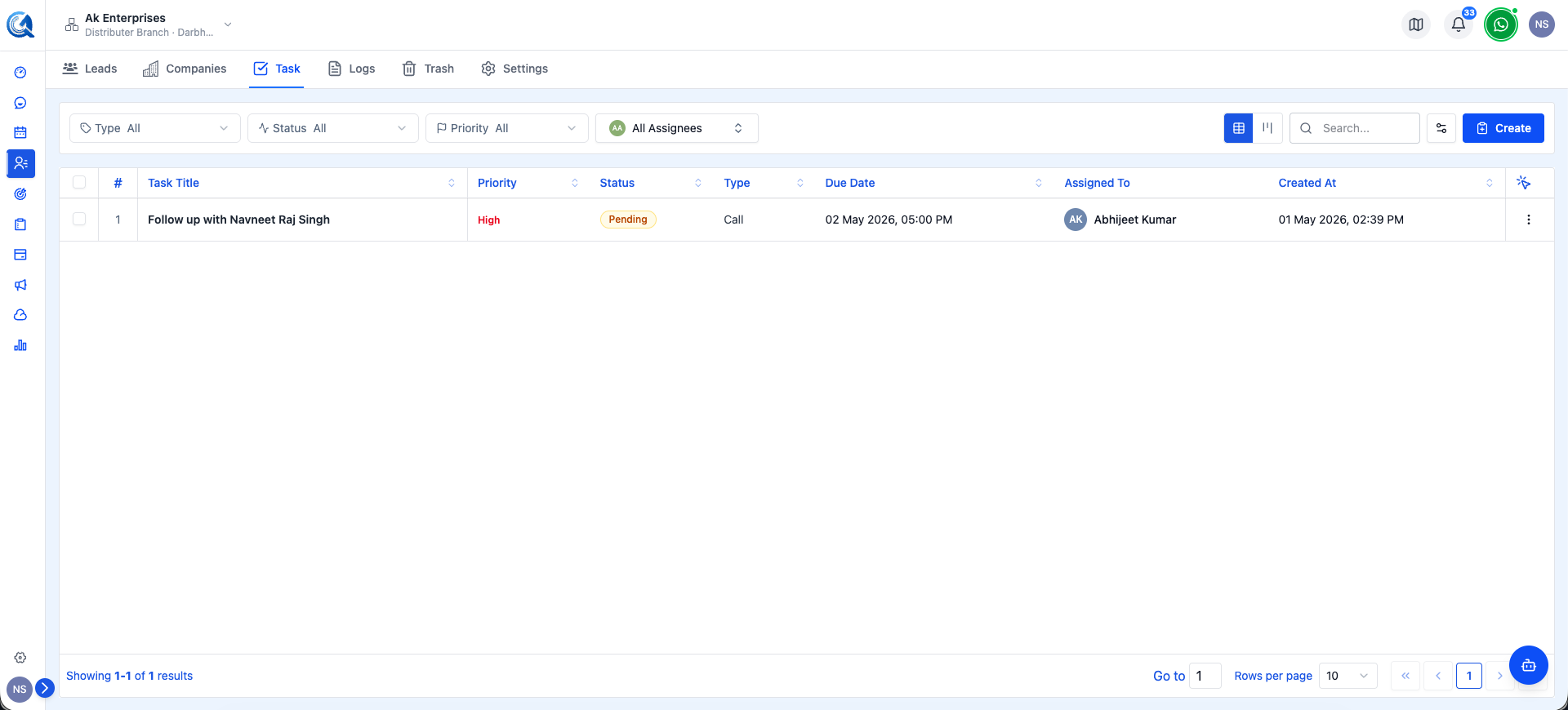 Tasks section in the left sidebar