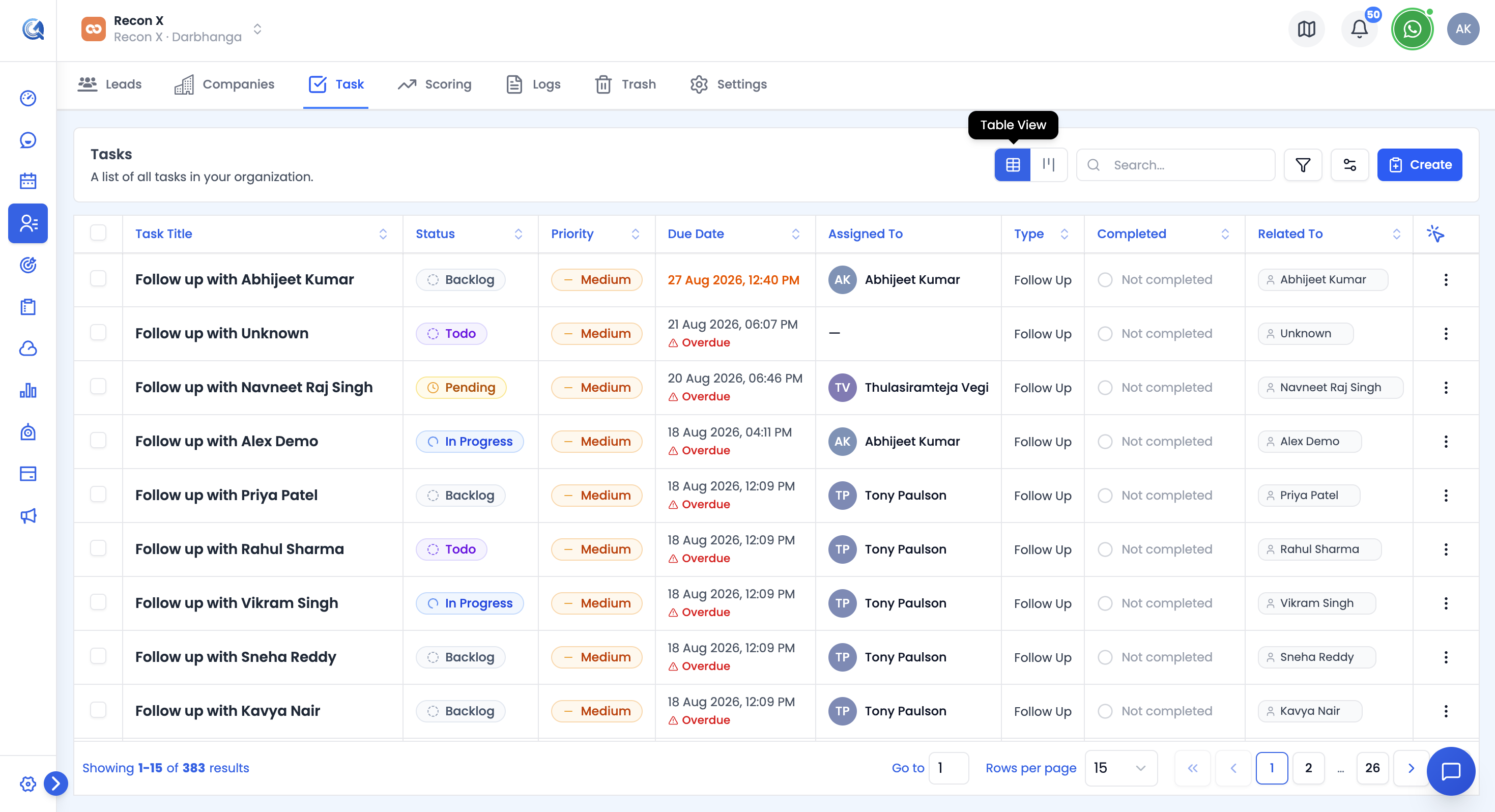 Tasks section in the left sidebar