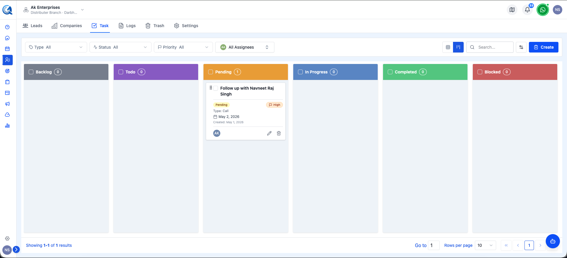 Kanban board showing all status columns with a task card in the Backlog column