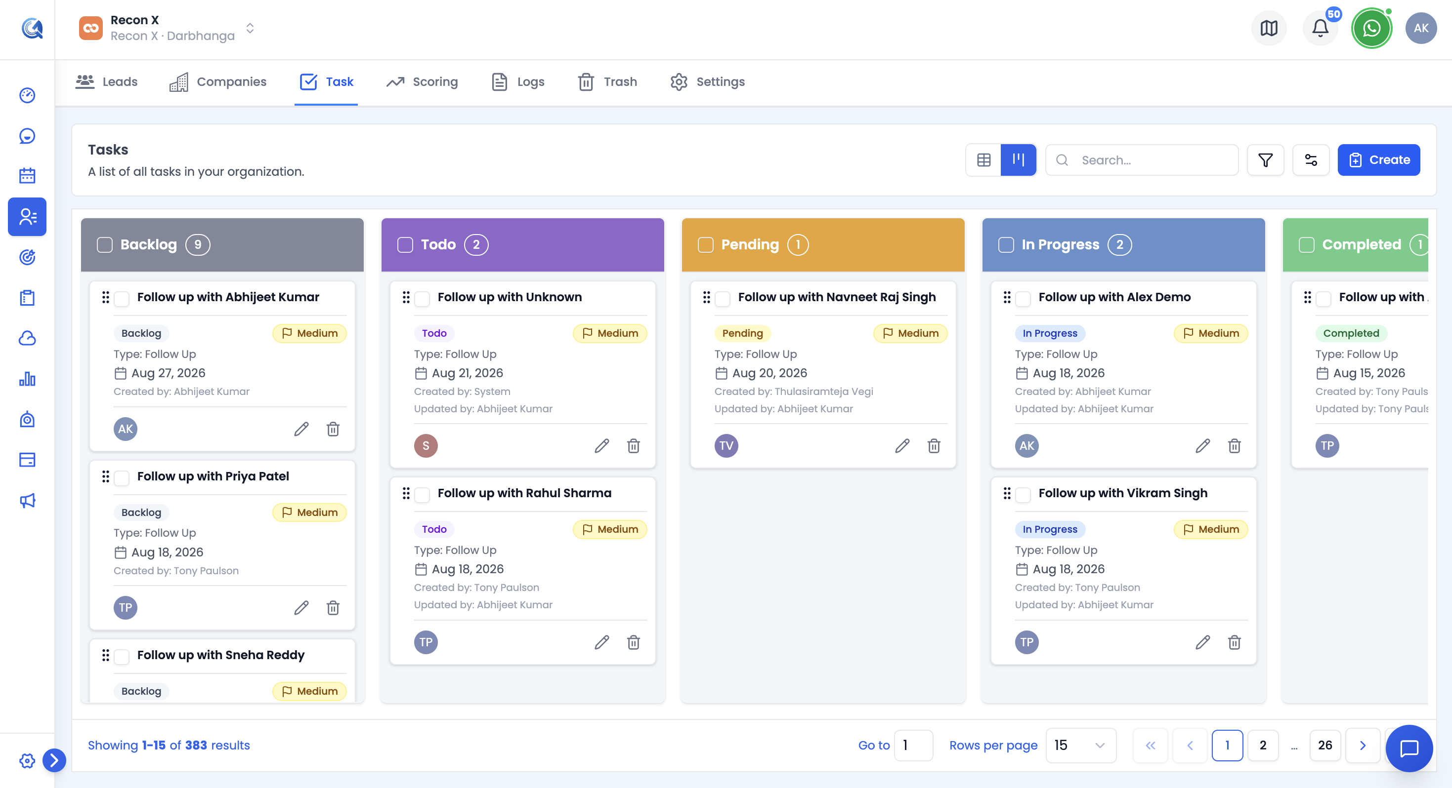Kanban board showing all status columns with a task card in the Backlog column