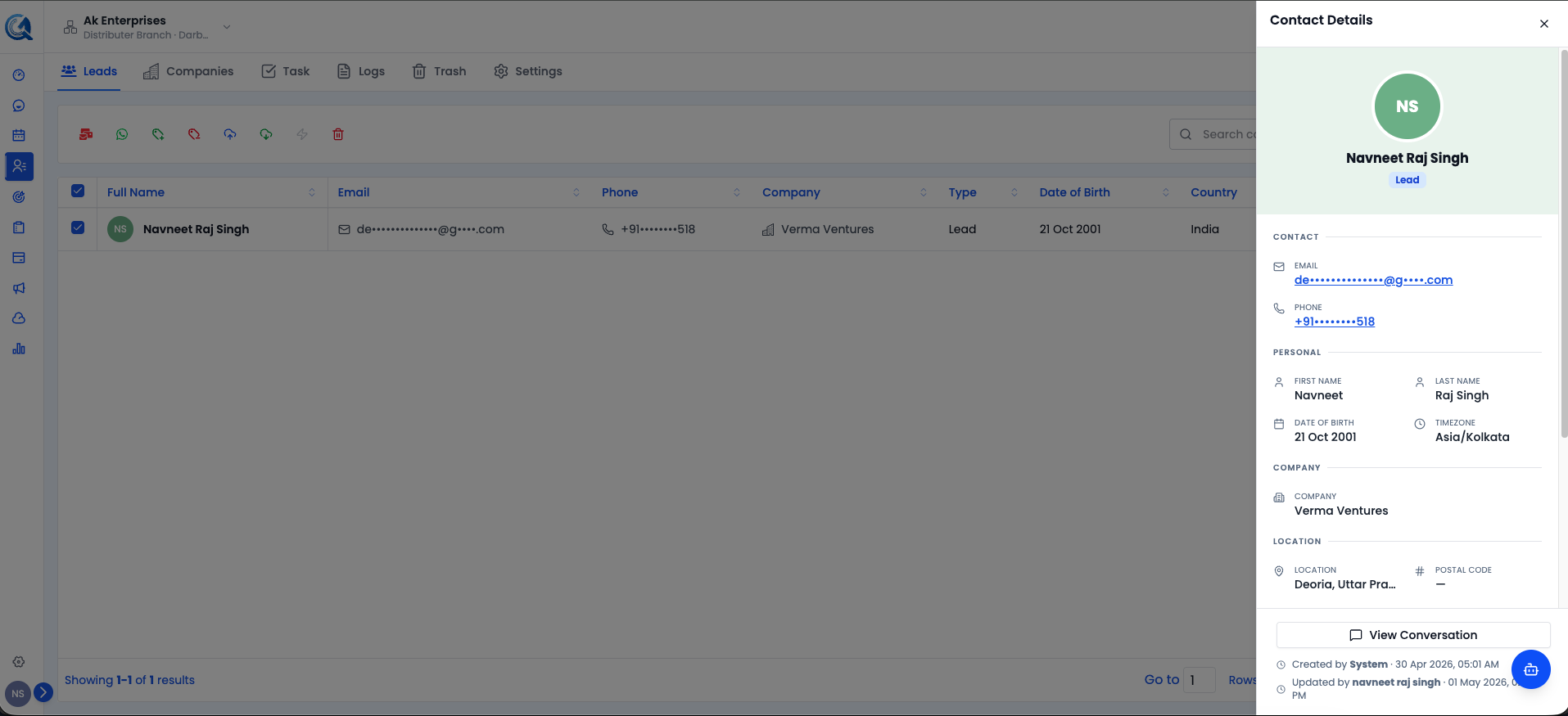 Contact Details panel open on the right side of the screen