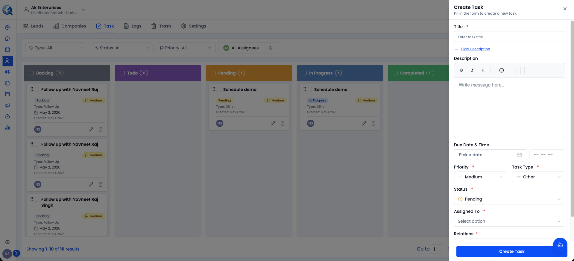 Create Task panel showing title, description, due date, priority, task type, status, assigned to, and relations fields