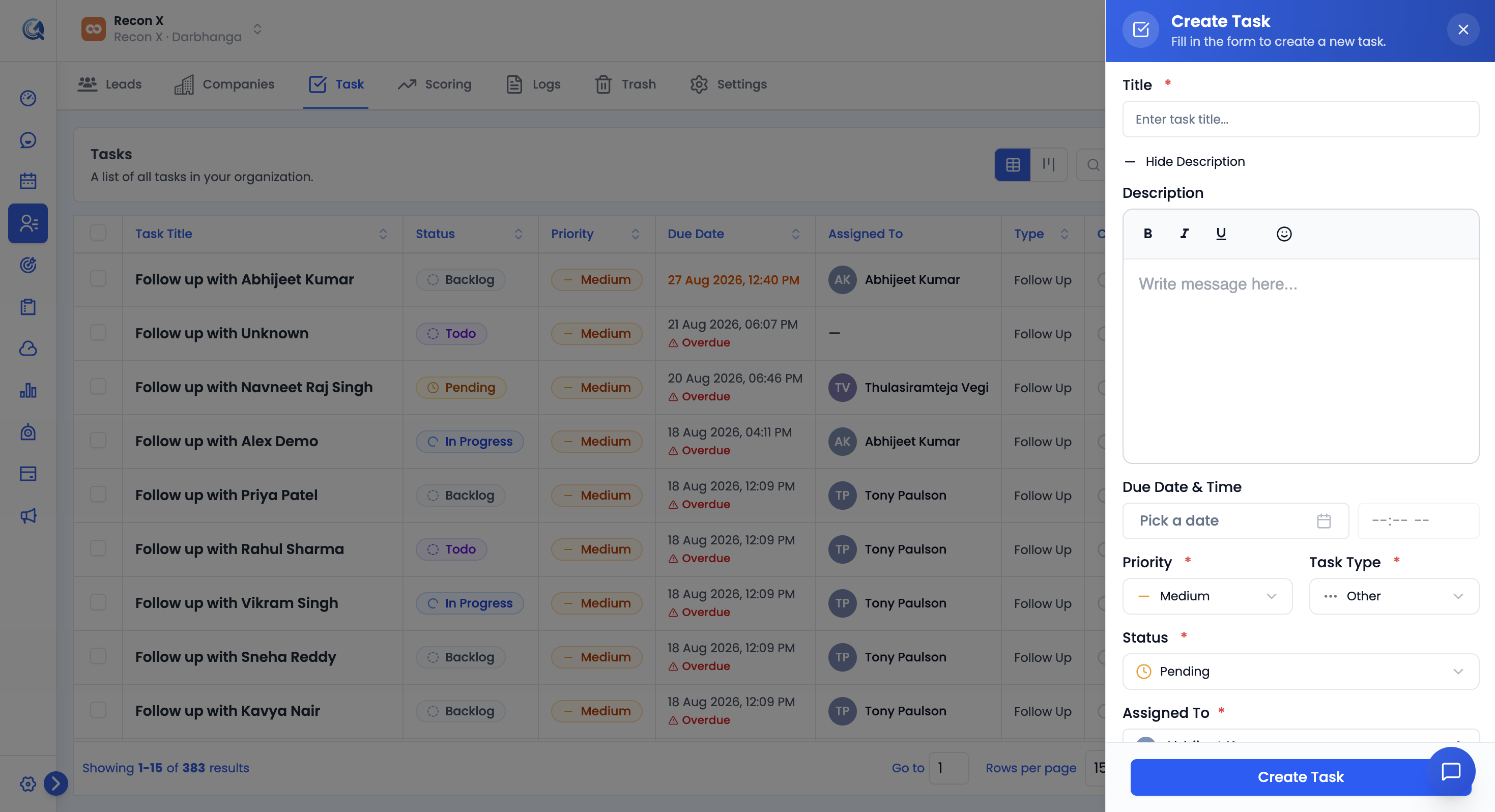 Create Task panel showing title, description, due date, priority, task type, status, assigned to, and relations fields