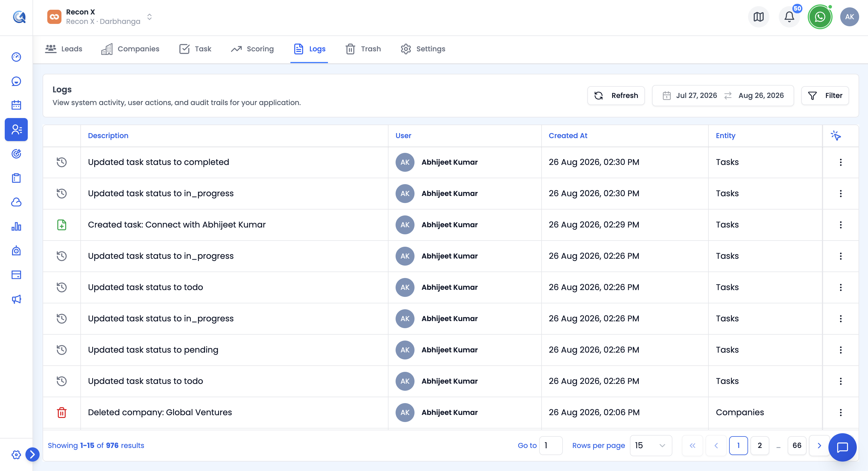 Logs page showing the audit trail table with action, description, user, timestamp, and entity columns