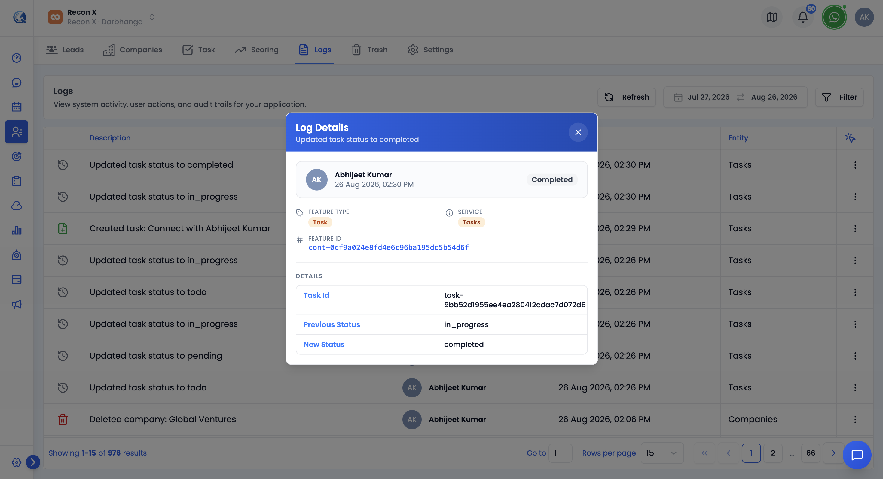 Log entry details dialog showing the user, timestamp, feature type, service, feature ID, and changes table