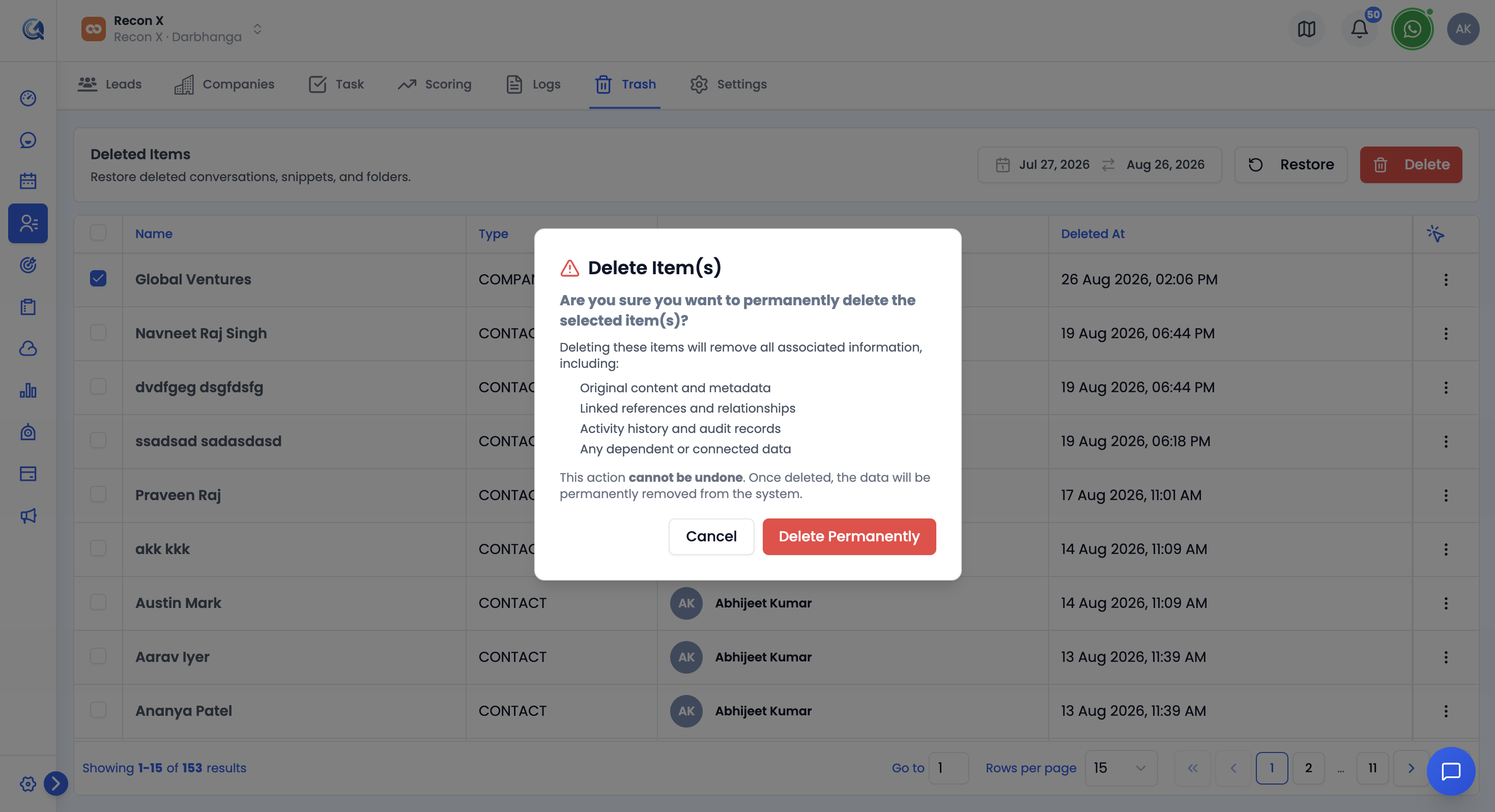 Permanently delete confirmation dialog warning that the action cannot be undone