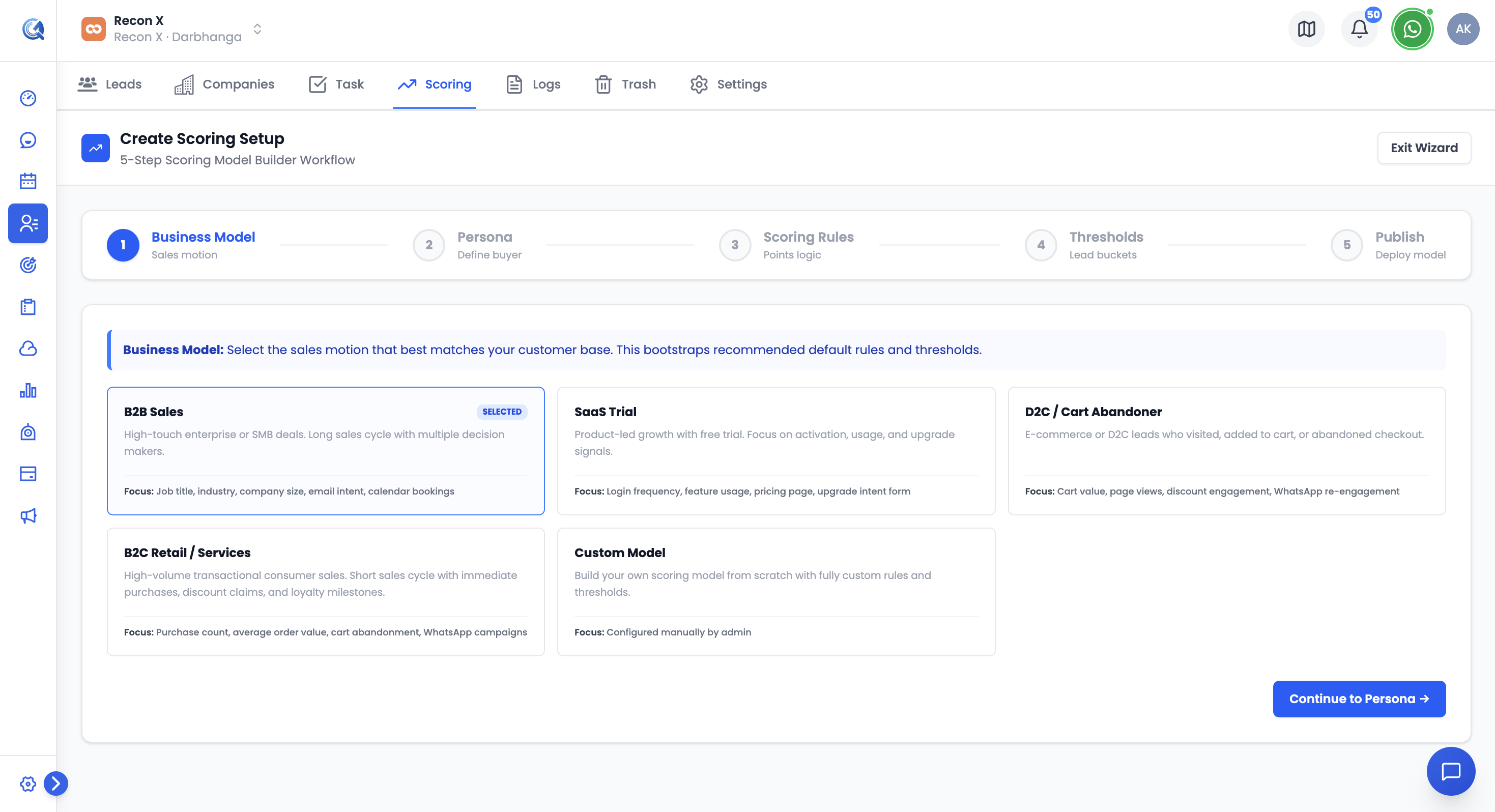New Scoring Setup wizard showing the business model selection step
