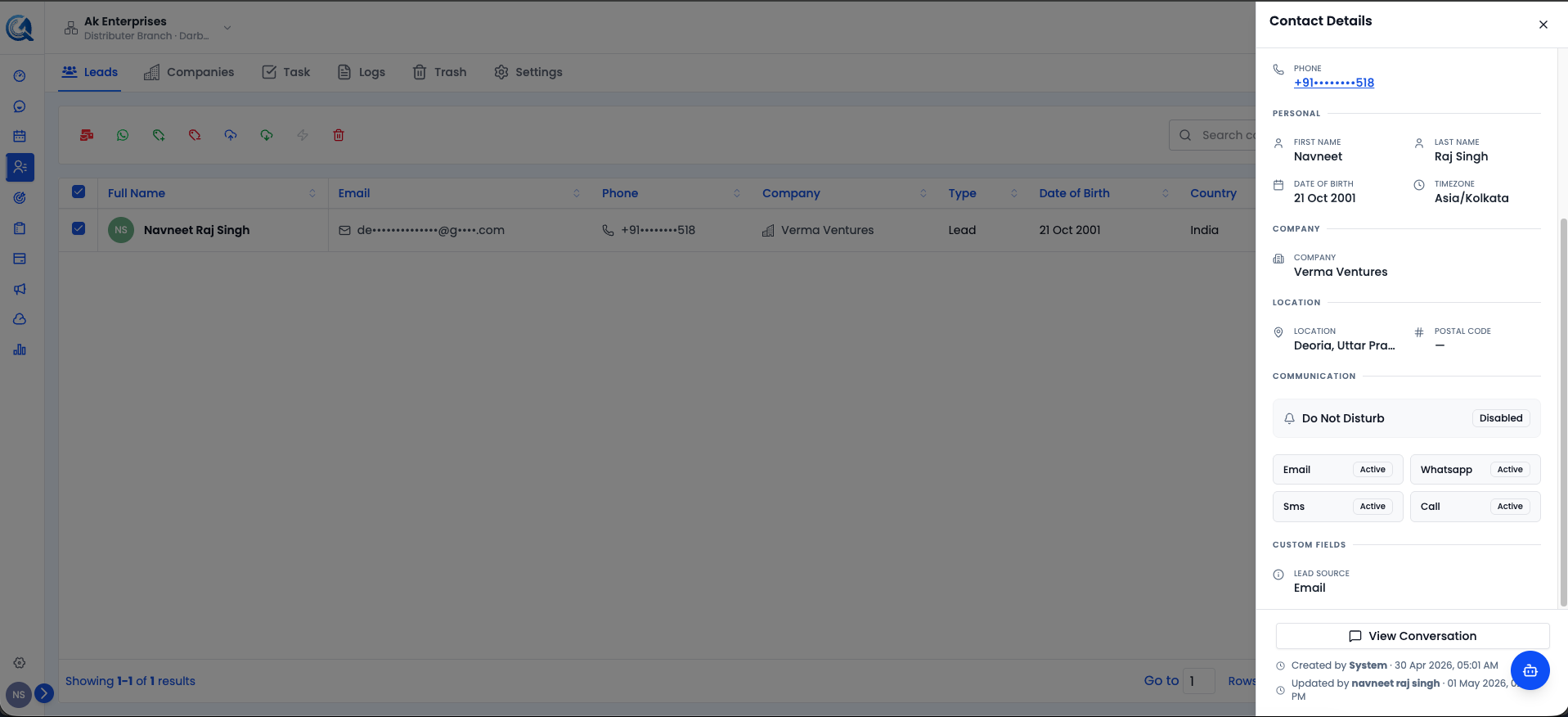 Contact information sections including personal details, address, company, and more