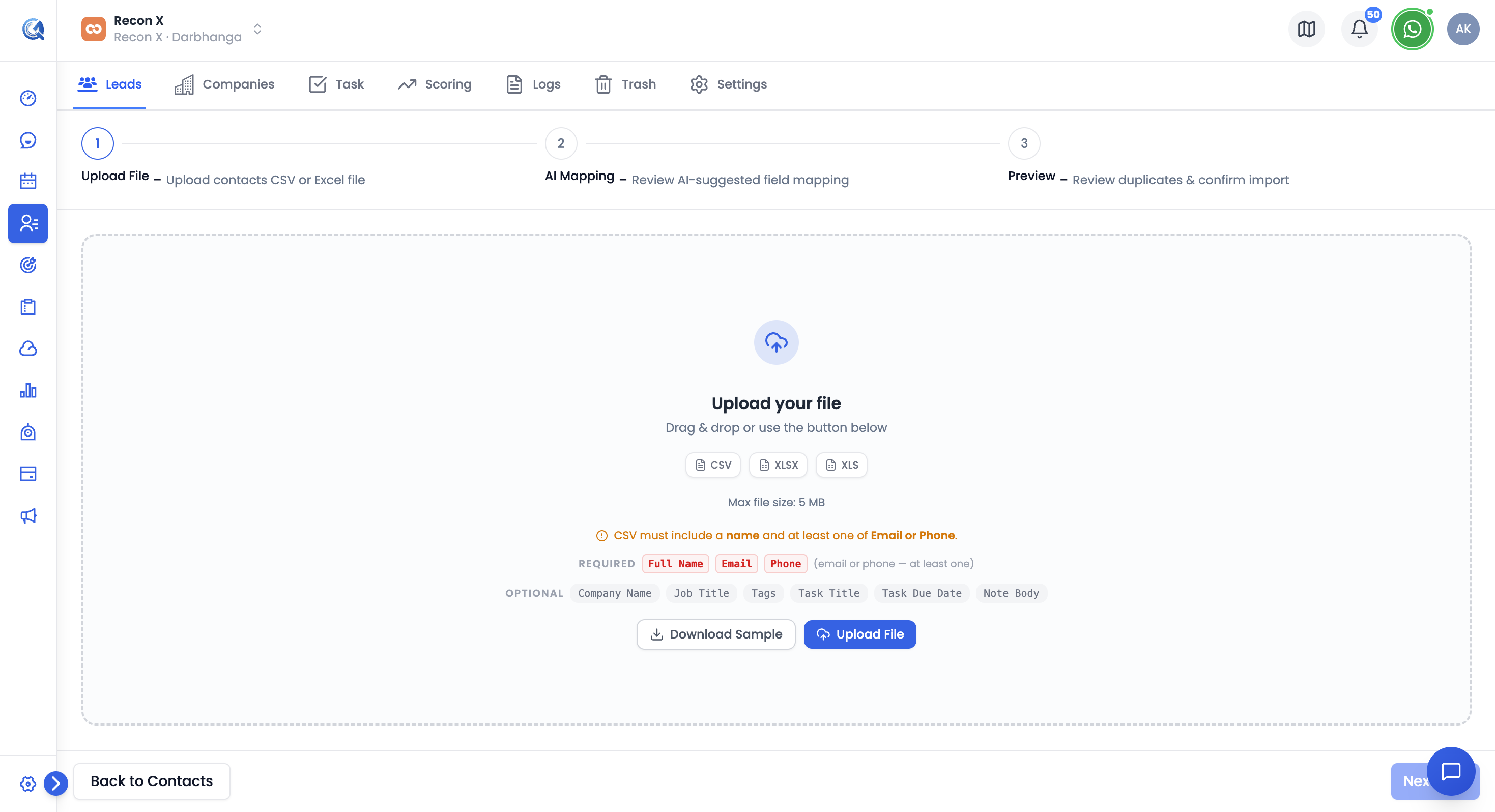 Import wizard Upload File step with a drag-and-drop area and Download Sample link