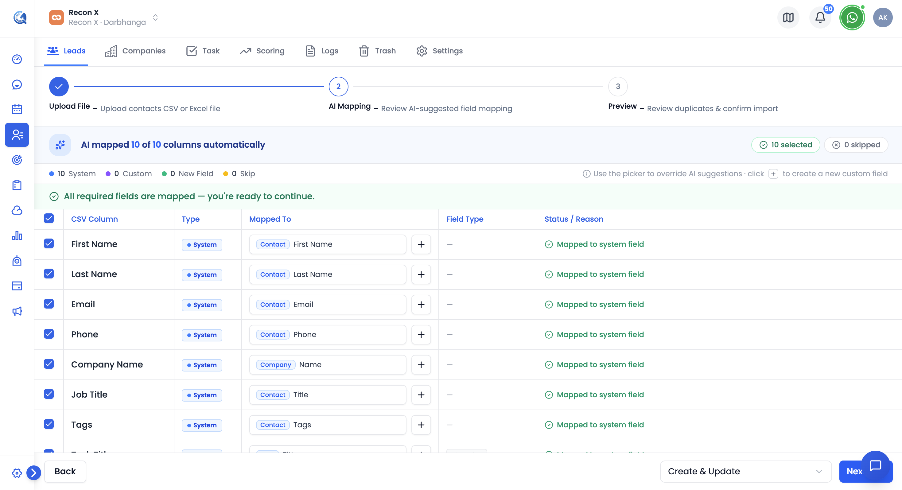 Import wizard AI Mapping step showing the column mapping table with CSV Column, Type, and Mapped To