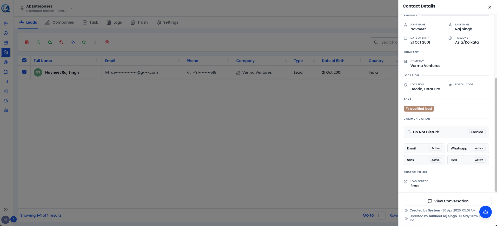 Tags section on the contact detail page