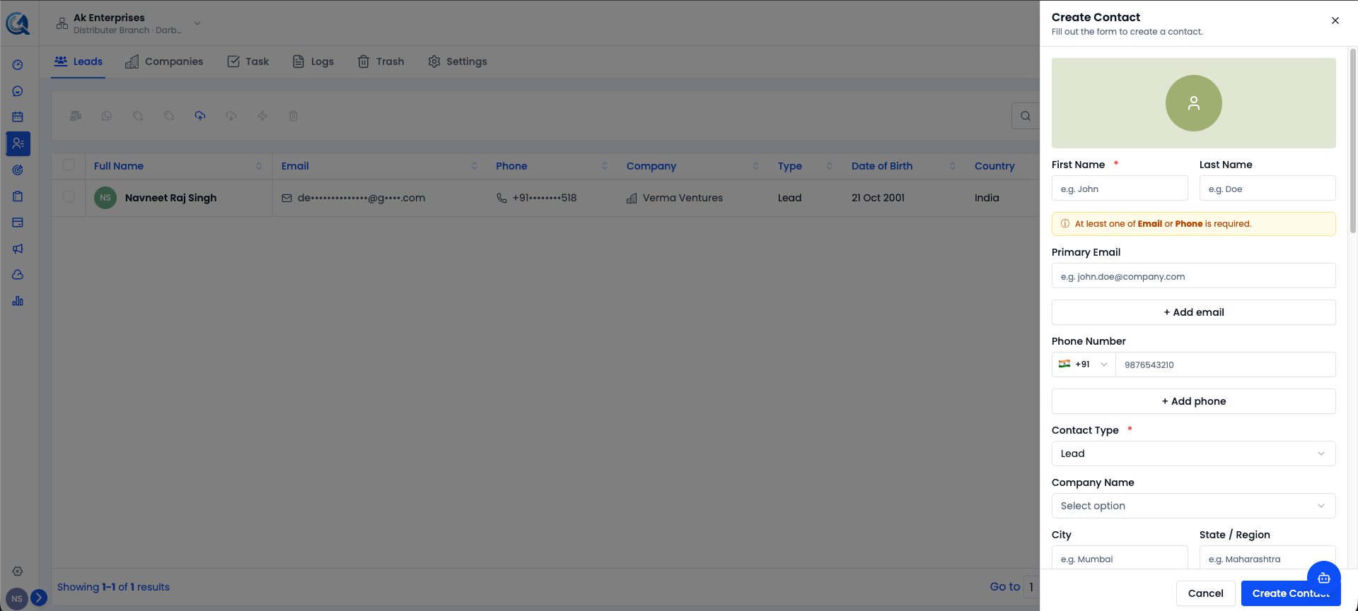 Create Contact panel showing name, email, phone, contact type, and company fields