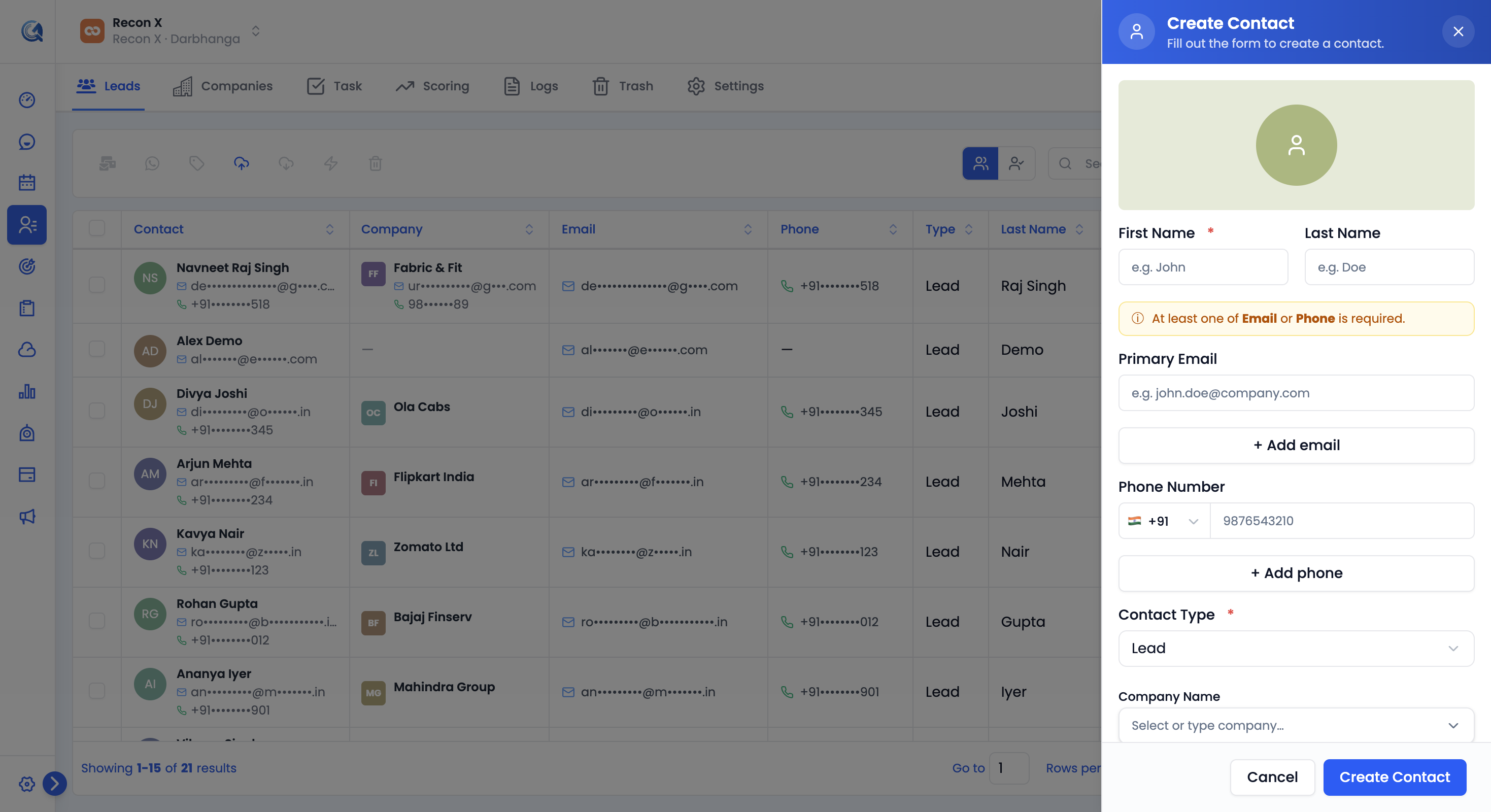 Create Contact panel showing name, email, phone, contact type, and company fields