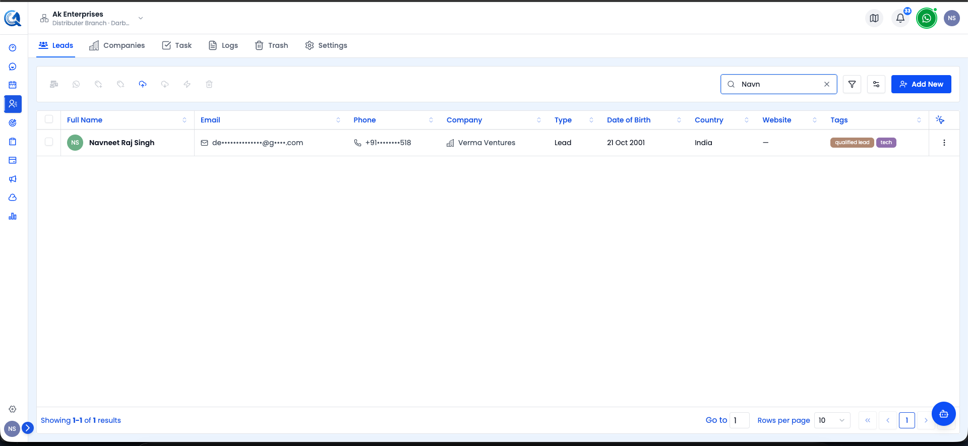 Search bar at the top of the contacts list