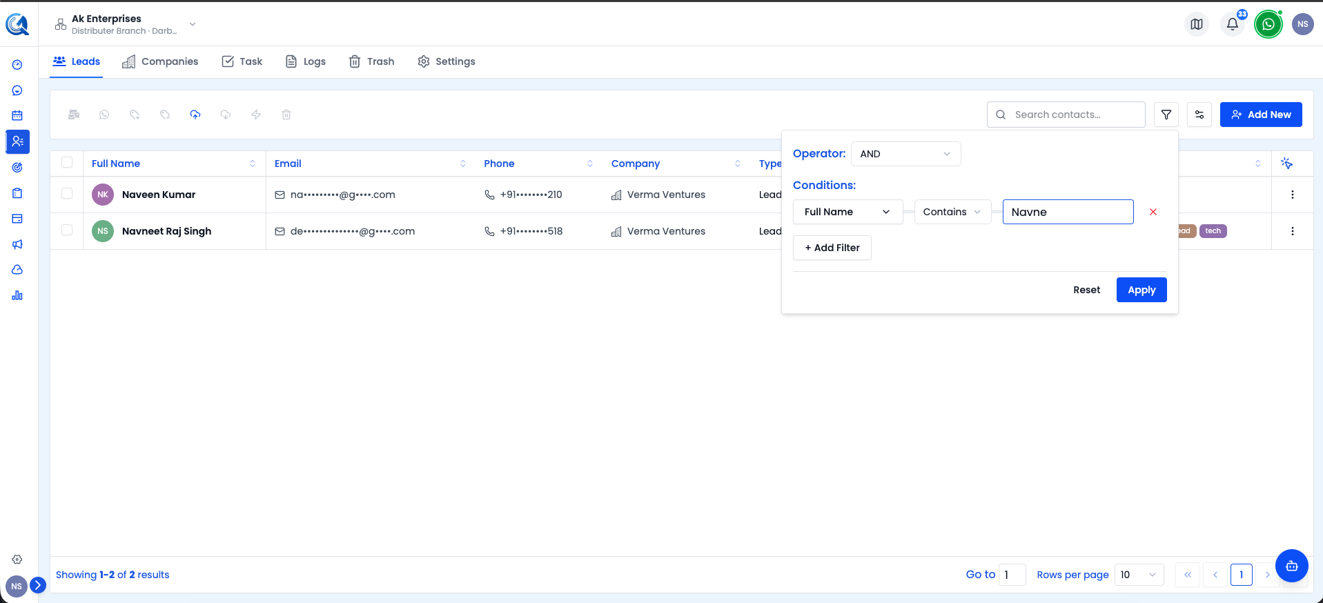 Filter button on the contacts list toolbar