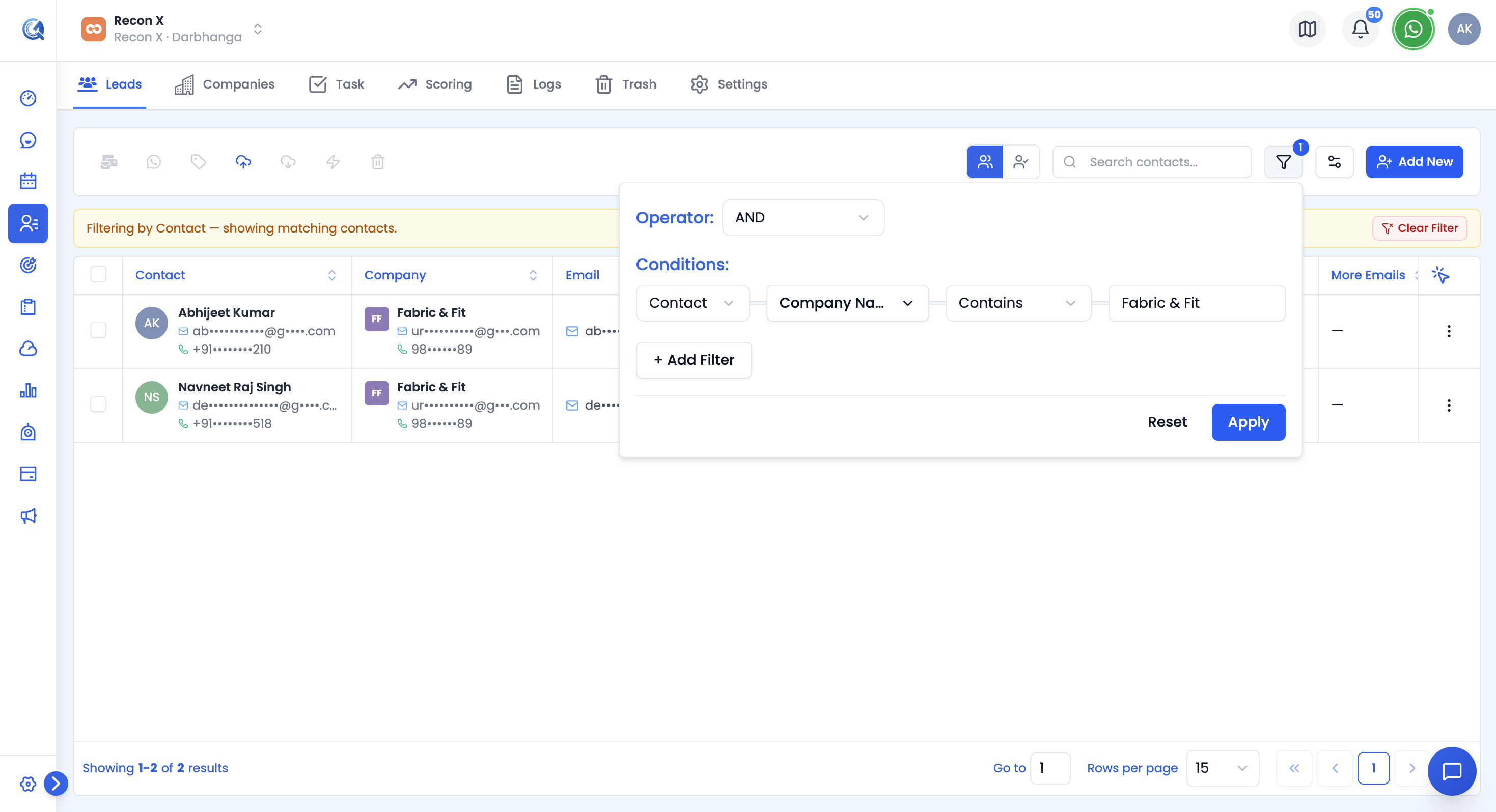 Filter button on the contacts list toolbar