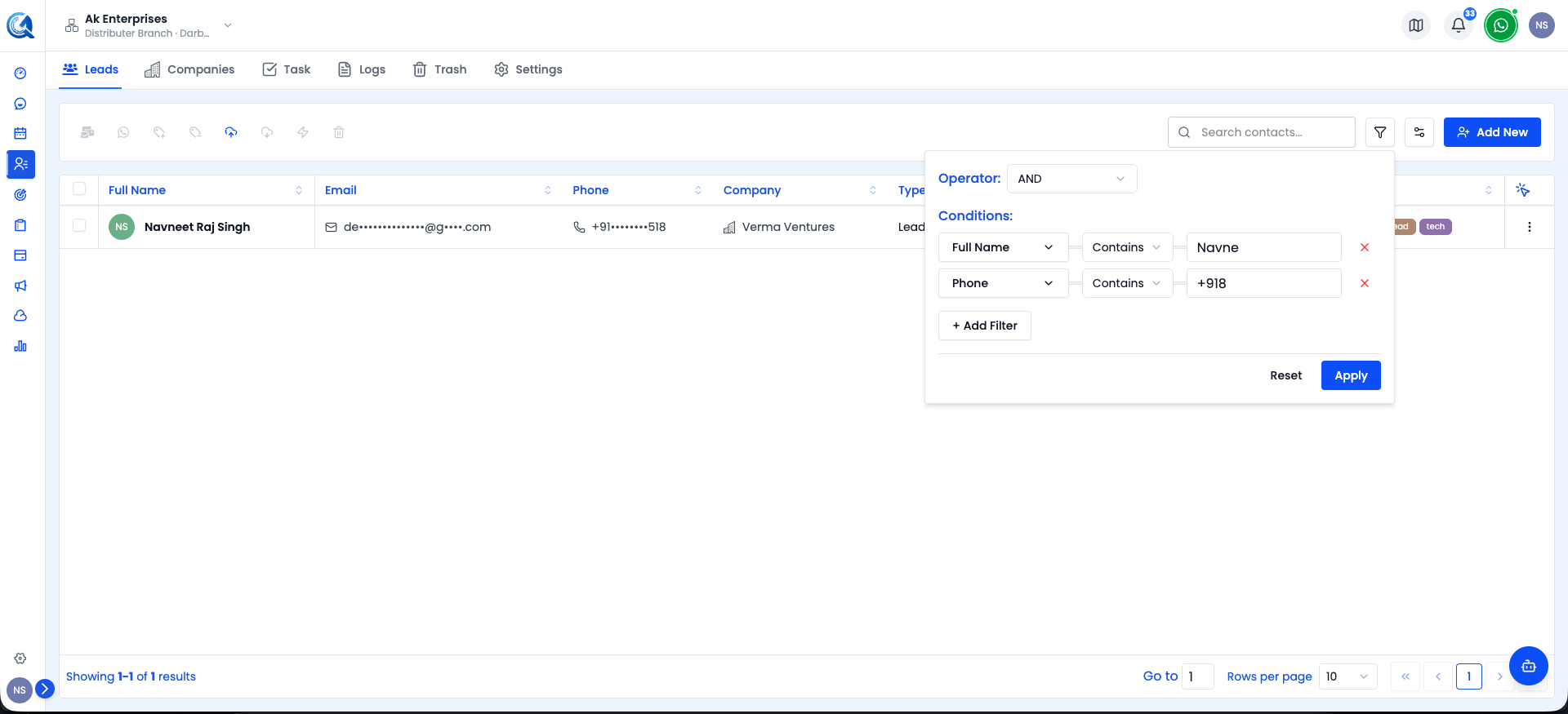Filter panel showing two conditions: Full Name Contains Nav AND Company Equals Quantixone