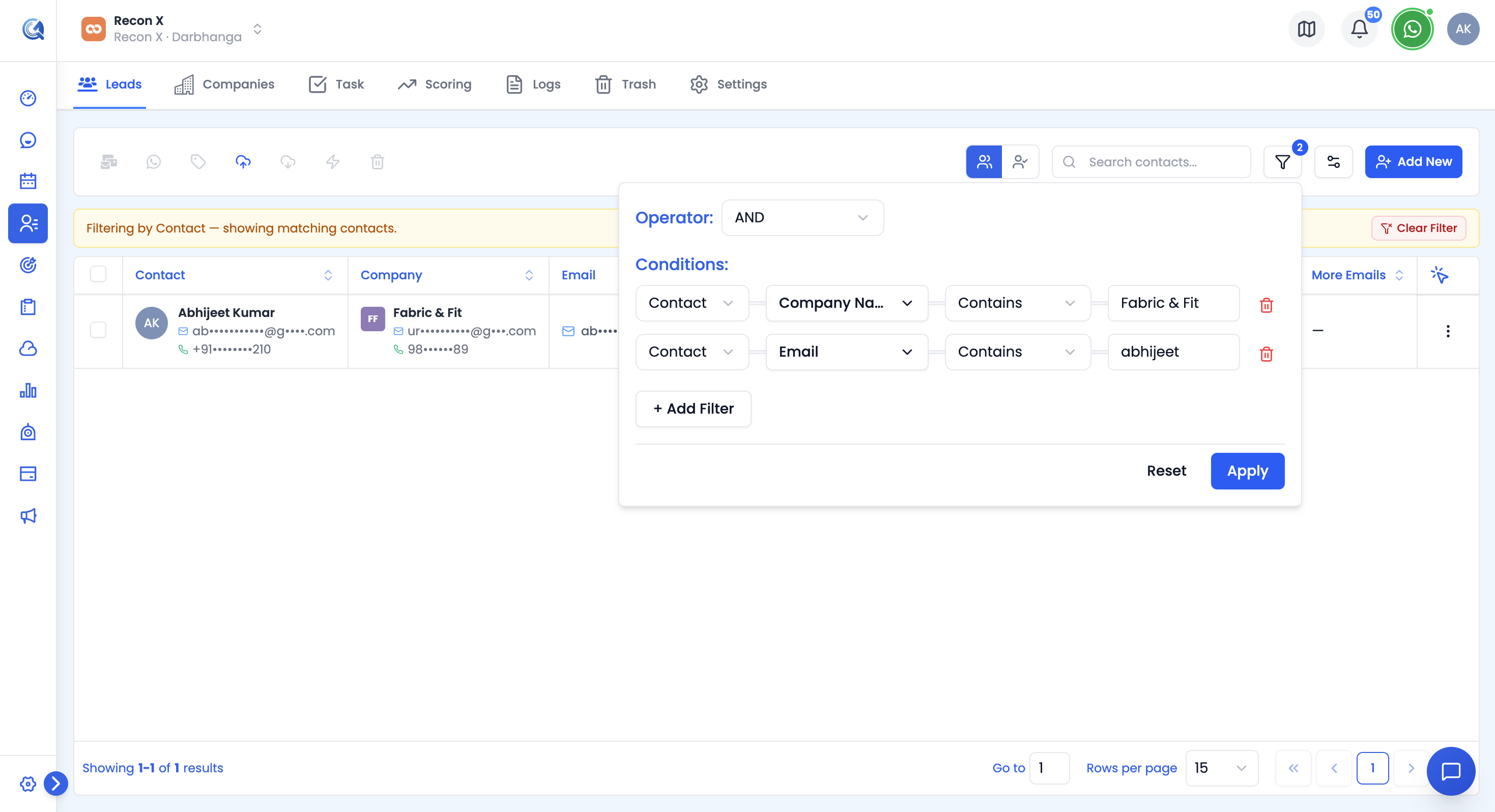 Filter panel showing two conditions: Full Name Contains Nav AND Company Equals Quantixone