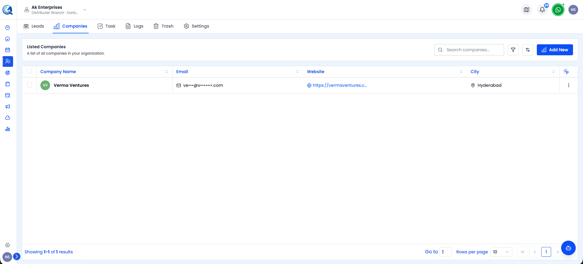 Companies section in the left sidebar