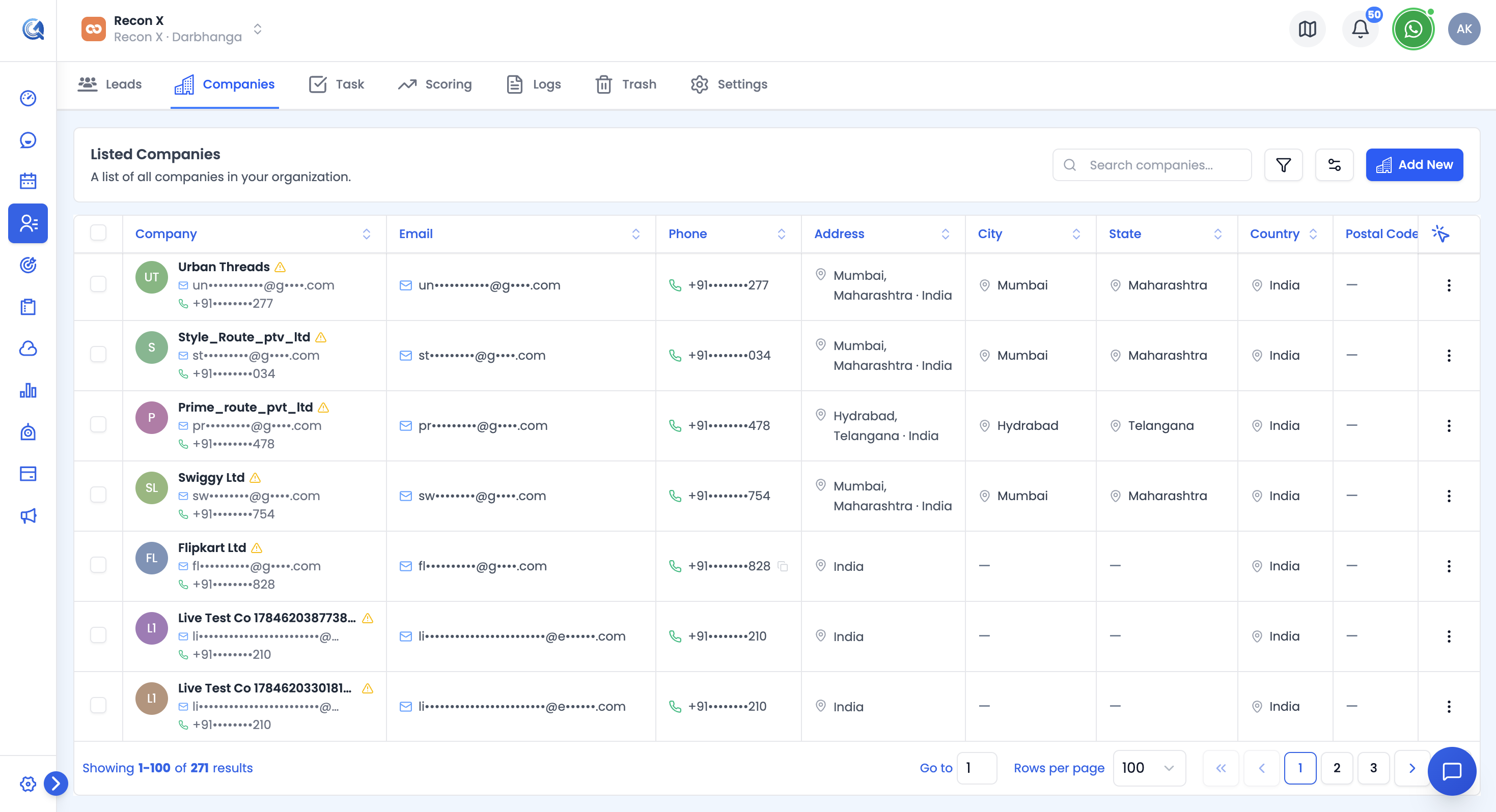 Companies section in the left sidebar