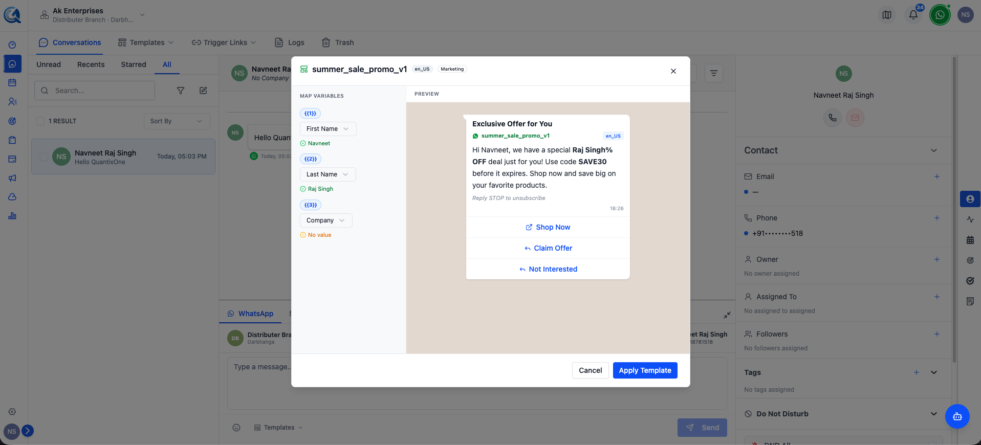 Template picker modal showing available WhatsApp templates