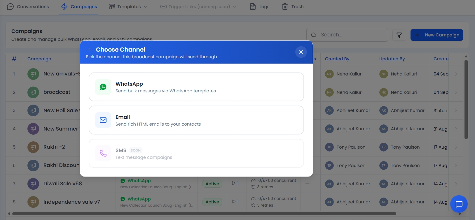 Choose Channel dialog with WhatsApp, Email, and SMS (Soon) options