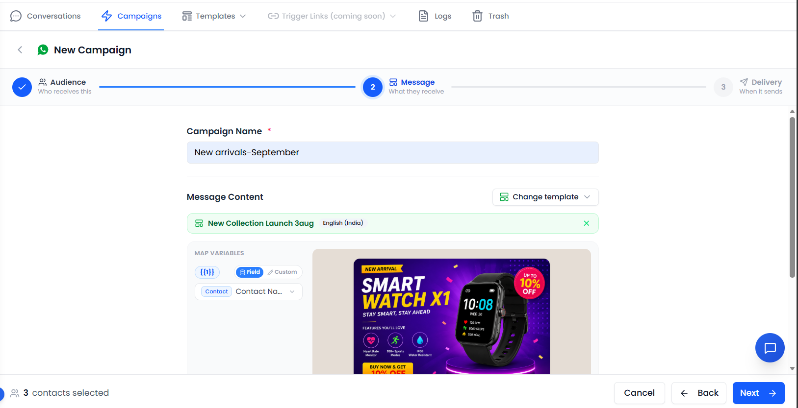 Campaign Name field and selected message template with mapped variables