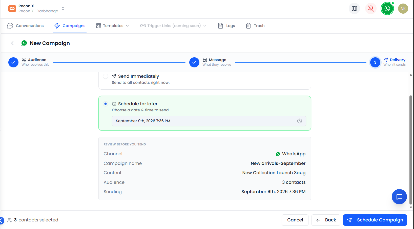 Delivery step with Schedule for later selected and a review summary