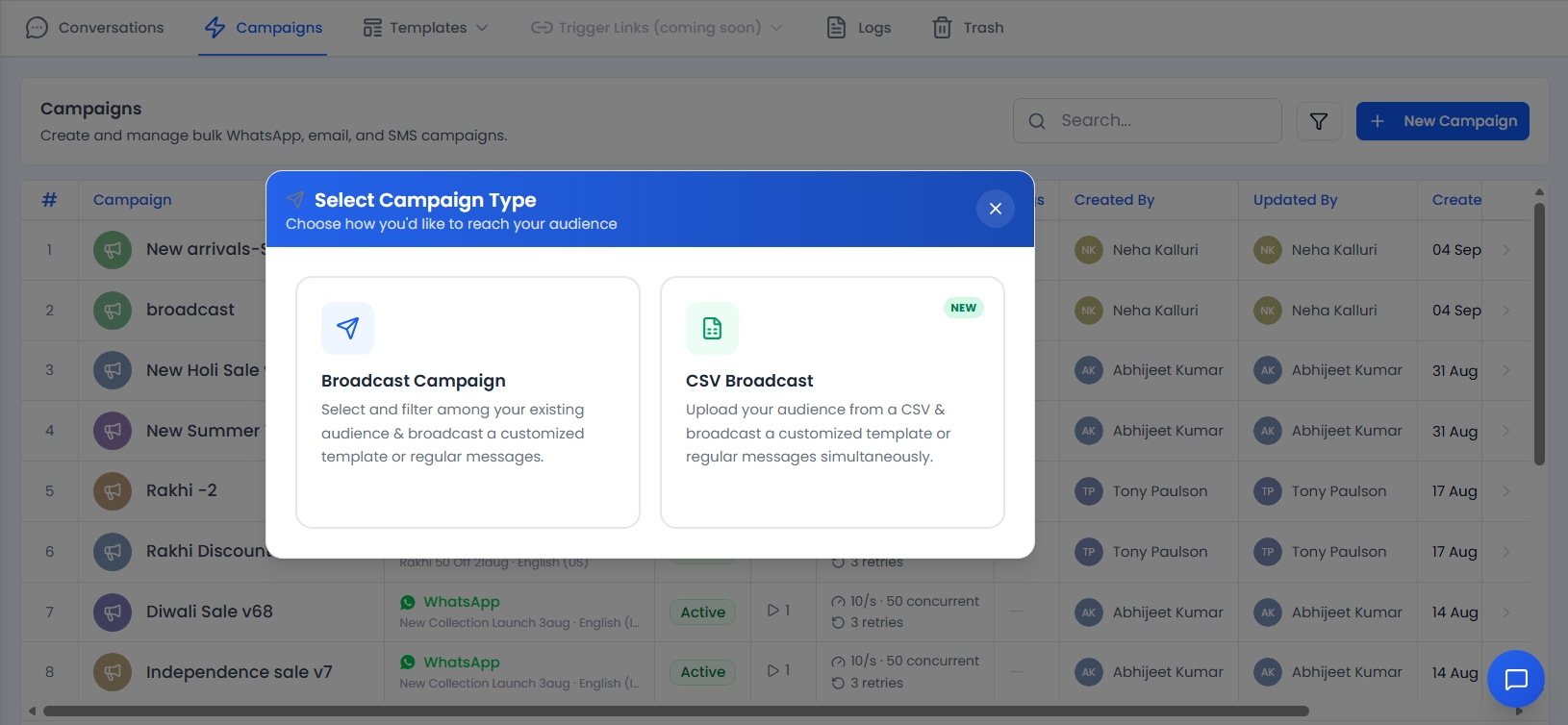 Select Campaign Type dialog with Broadcast Campaign and CSV Broadcast options