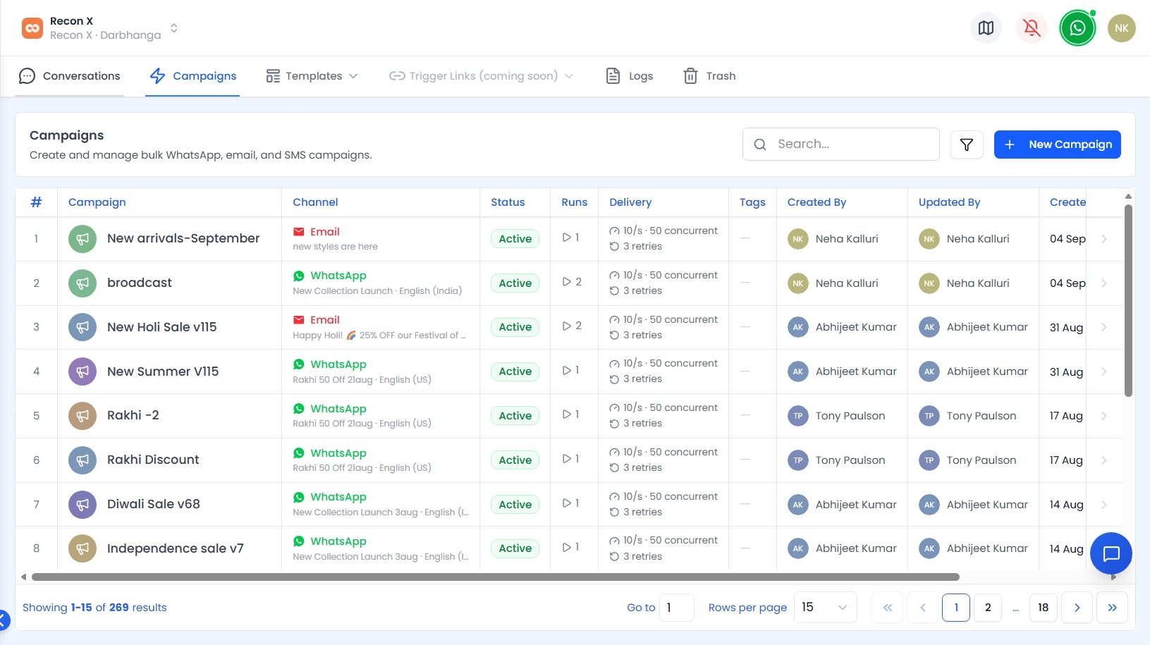 Campaigns list with channel, status, and delivery columns