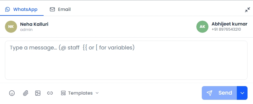 WhatsApp and Email channel tabs above the composer
