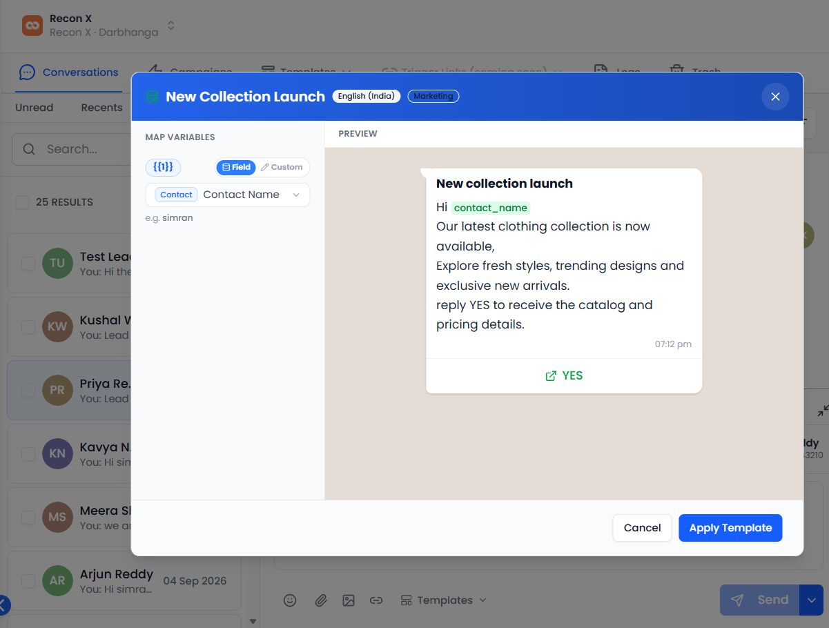 Map Variables panel with a live message preview