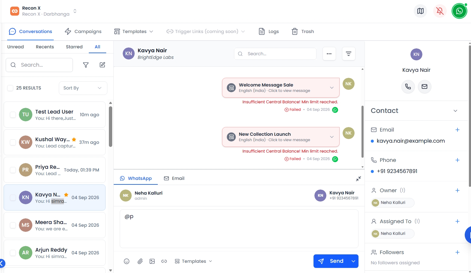 Failed WhatsApp template messages with error reasons shown