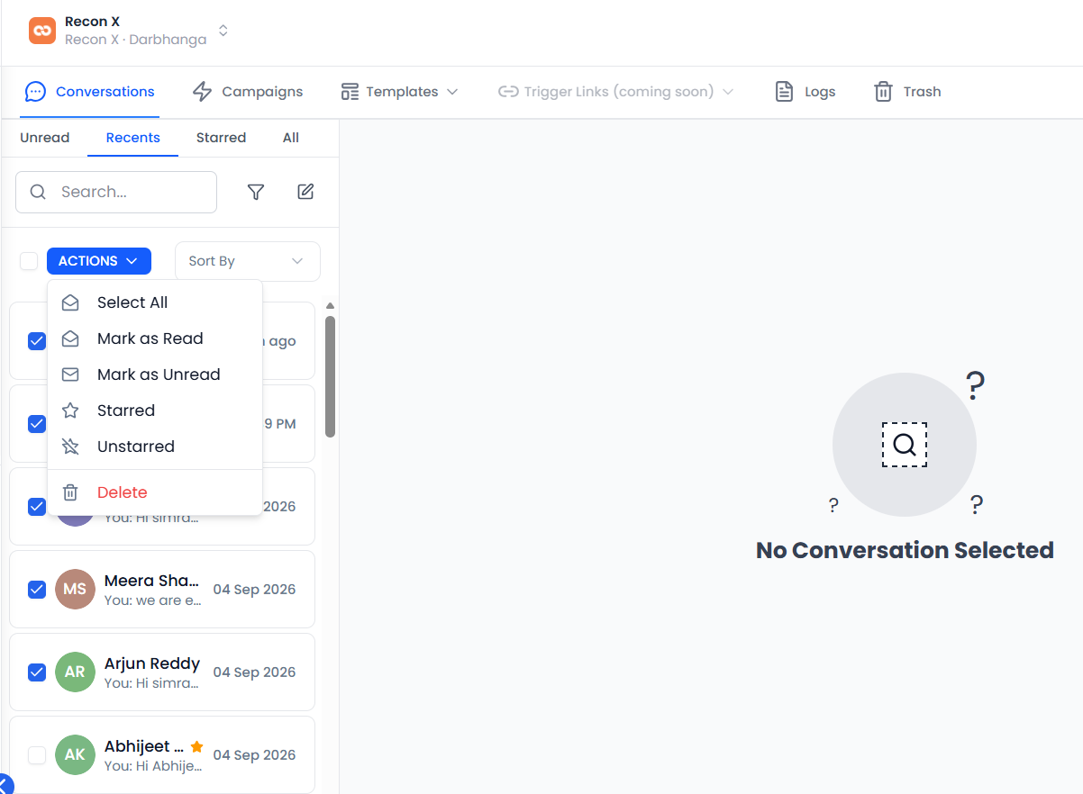 Bulk action toolbar with conversations selected