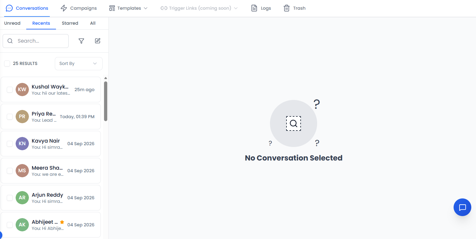 Conversation list rows with unread badges and channel icons