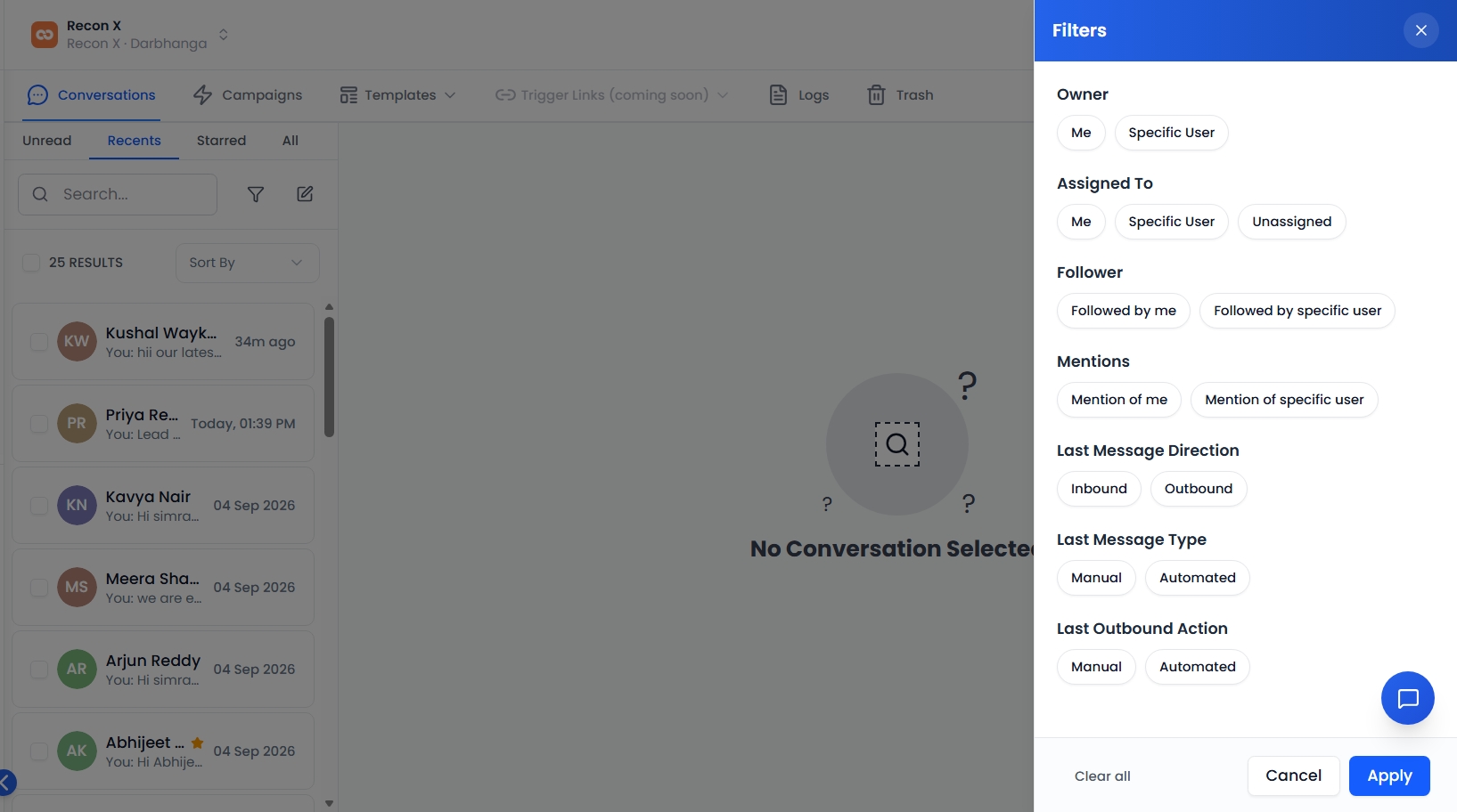 Inbox filter panel