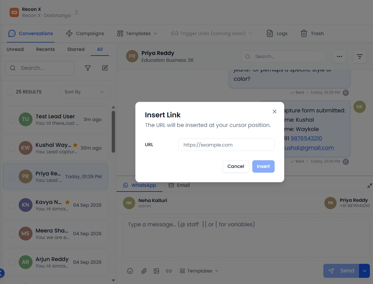 Insert Link dialog with a URL field