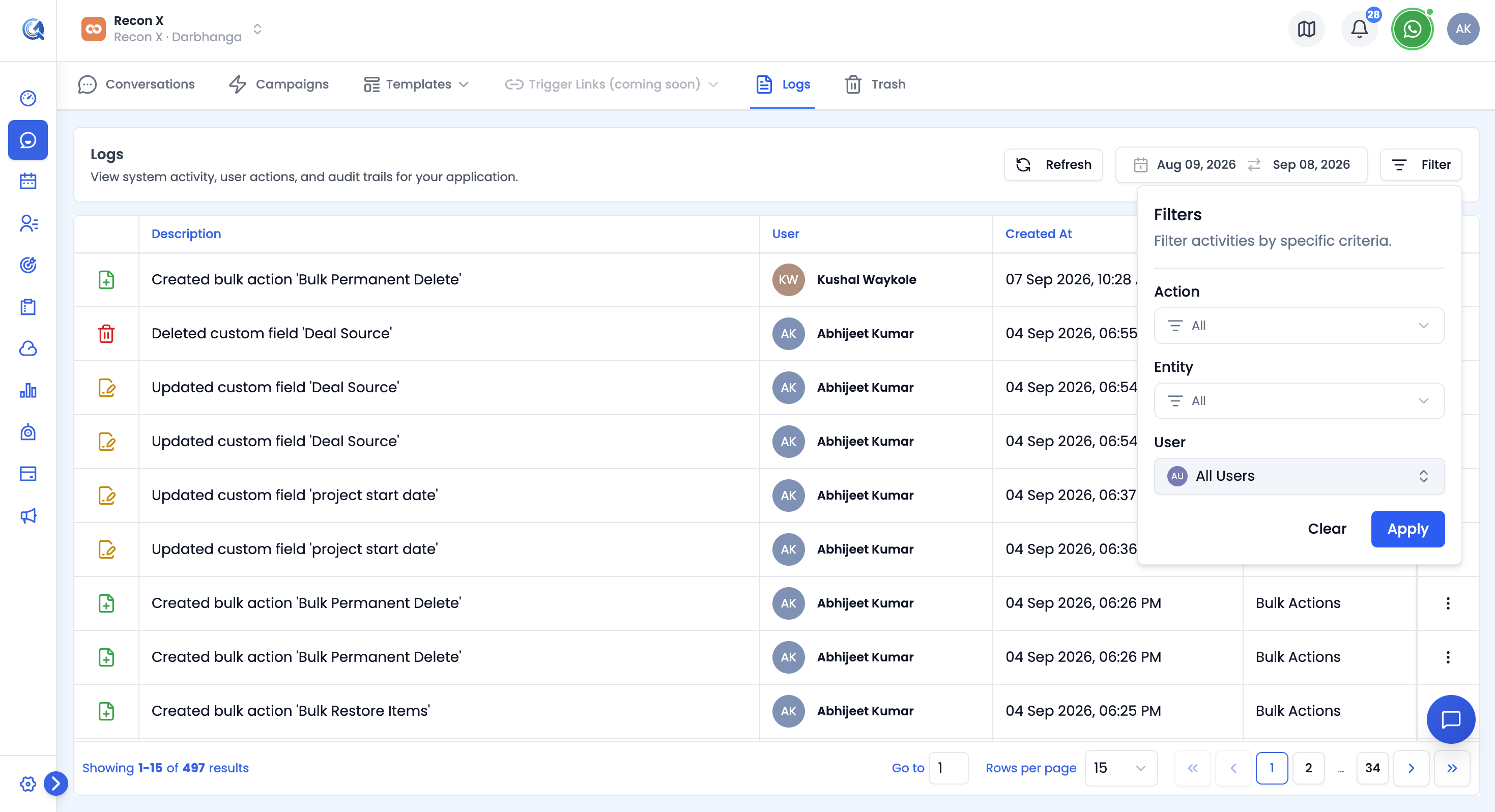 Logs page with filter bar