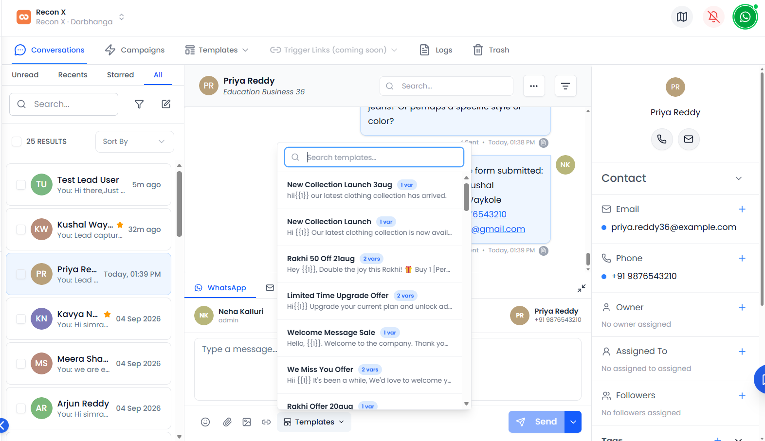 Template picker modal showing available WhatsApp templates