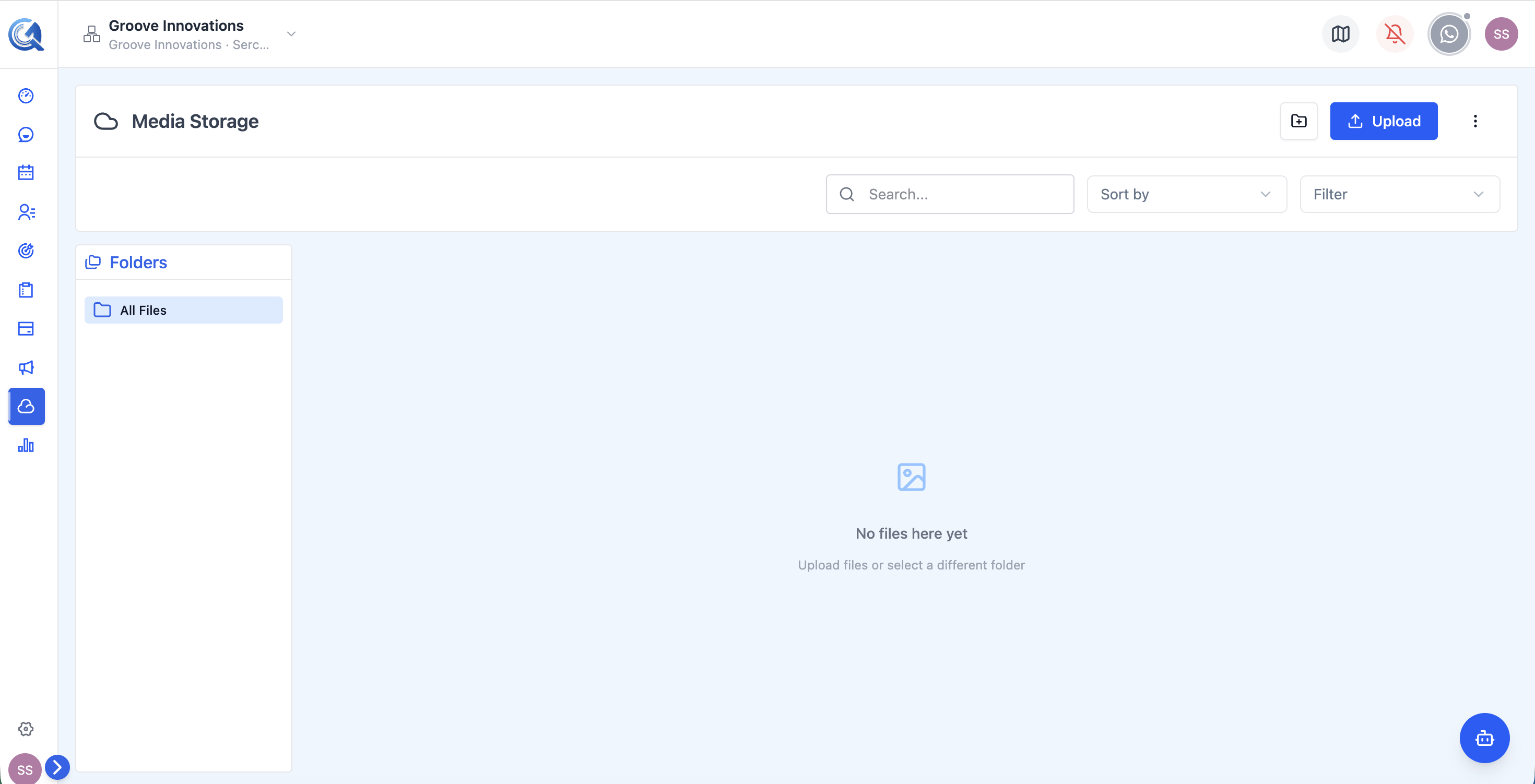 Media Storage main dashboard showing file grid and folder tree sidebar