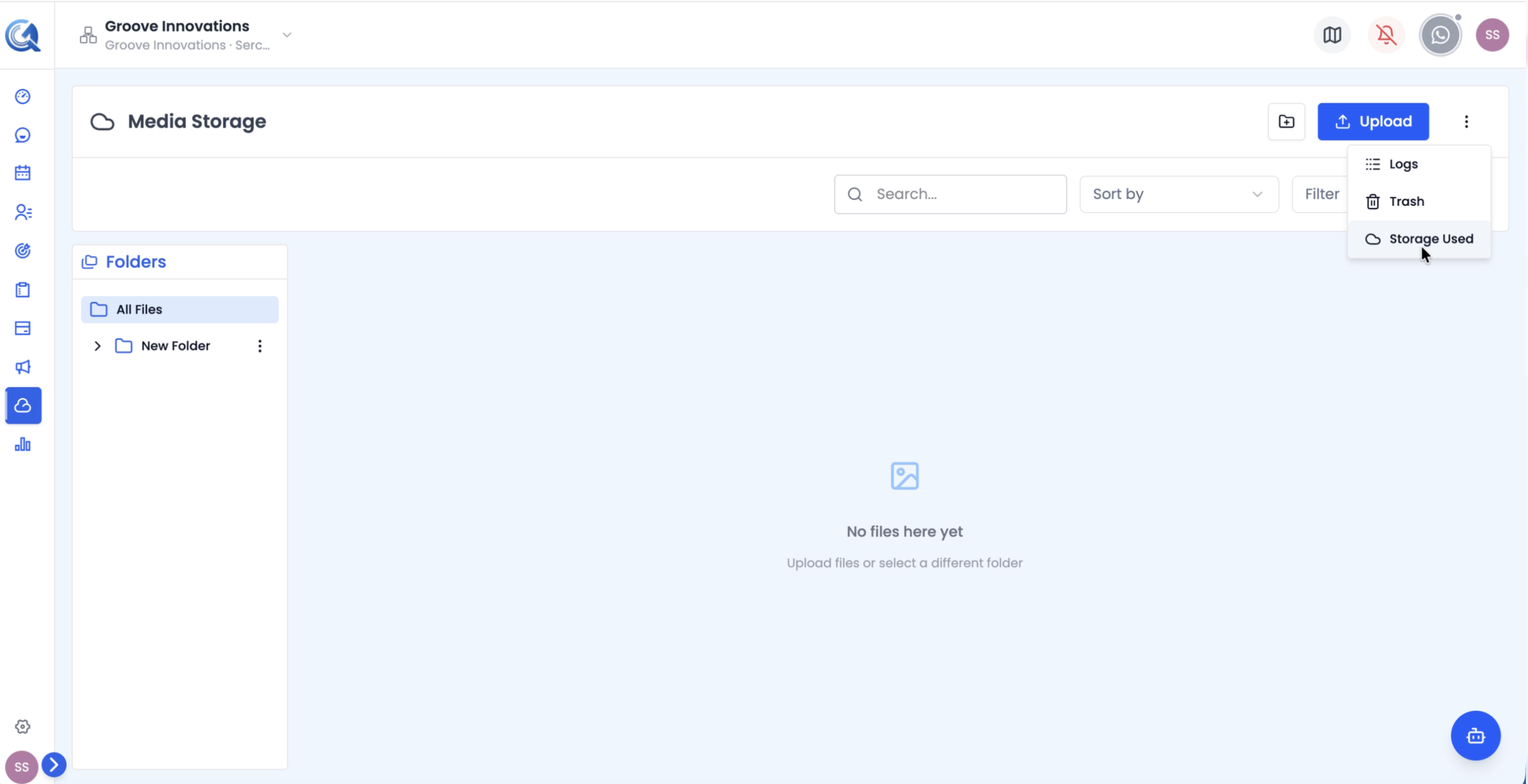 Quick navigation menu with Storage Used option highlighted