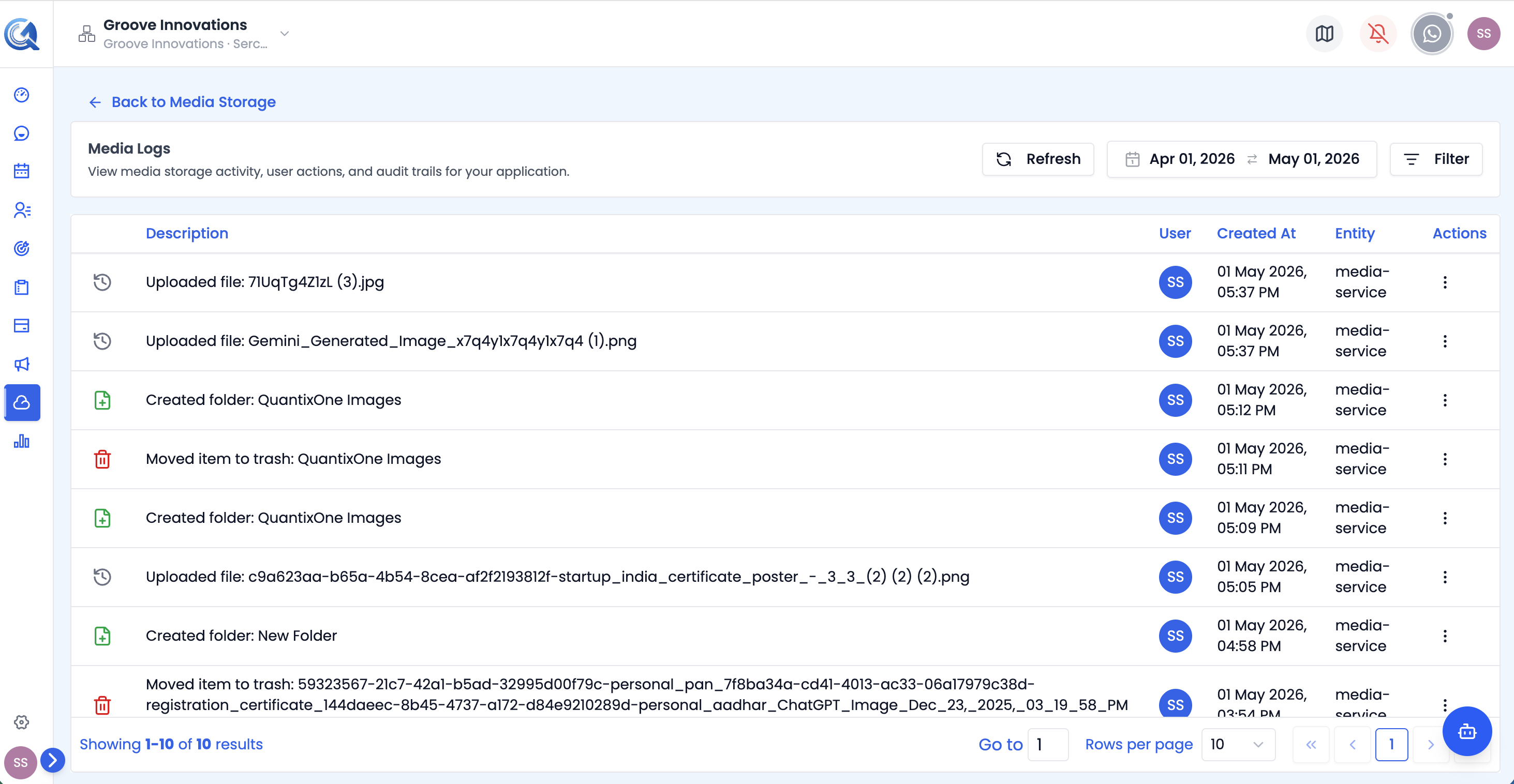 Activity Logs table with columns for action, file, entity, user, and timestamp