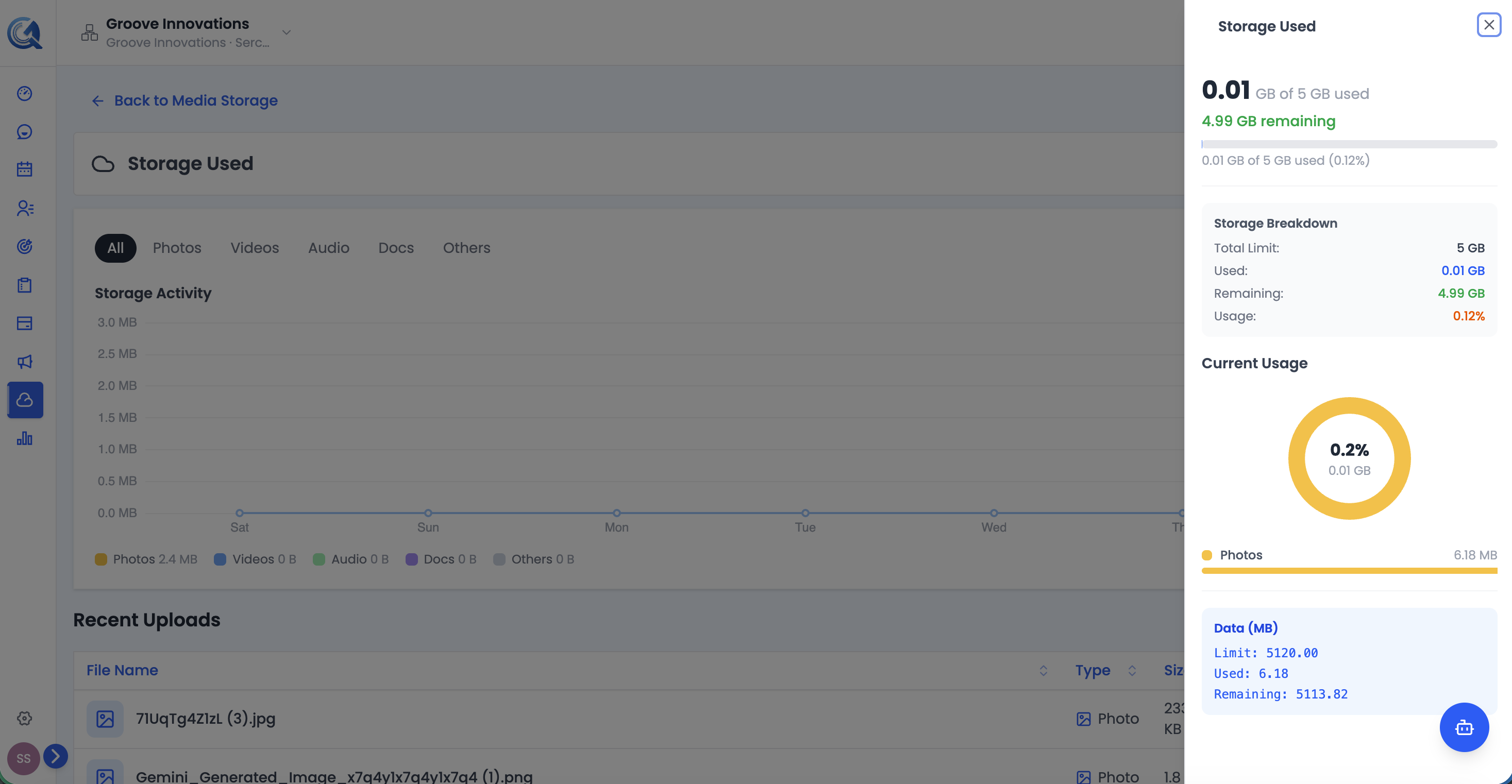 Storage summary panel showing total, used, and remaining storage with file-type breakdown