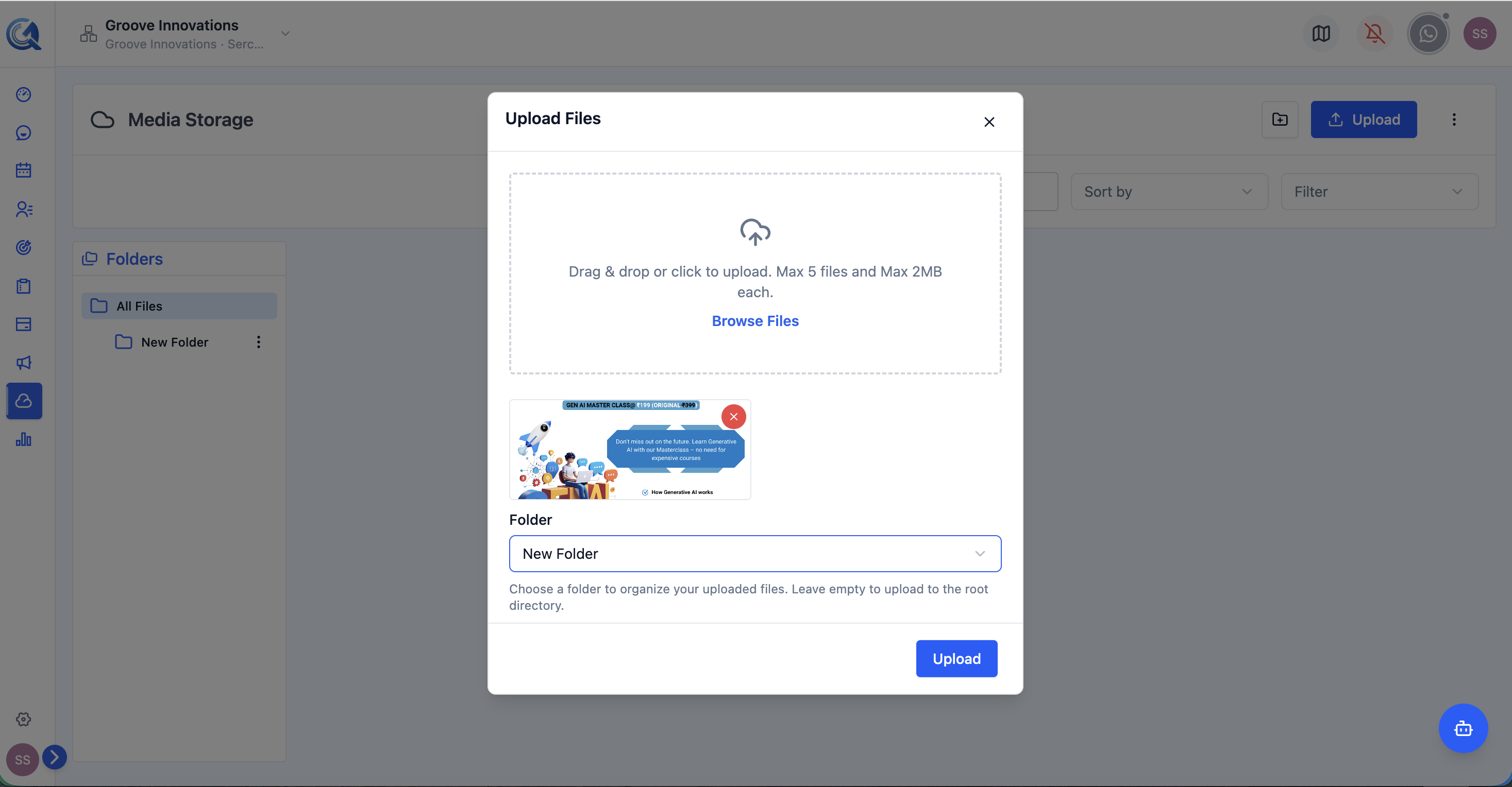 Upload dialog with drag-drop area and folder picker