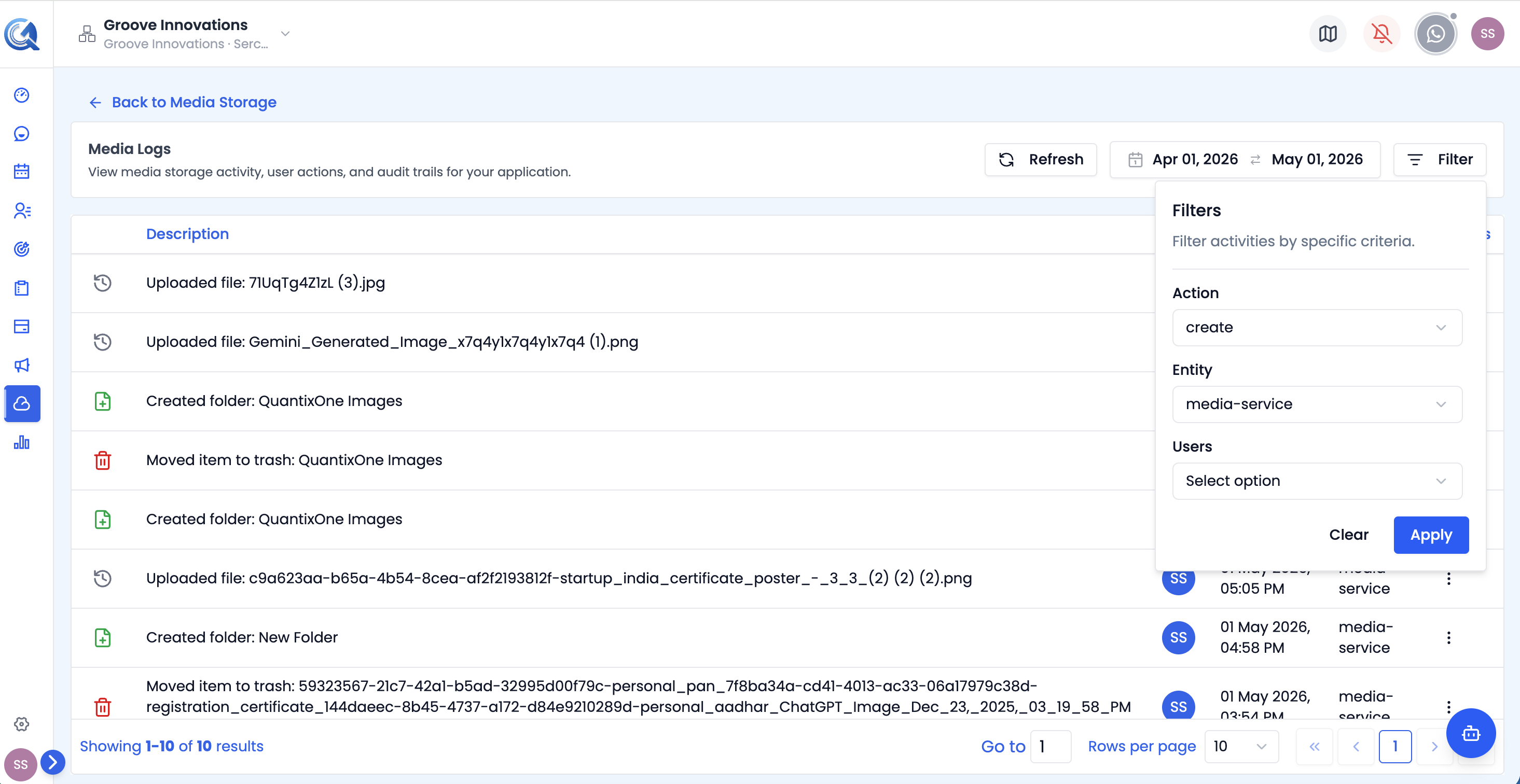 Log filter panel showing date range, action type, and user dropdowns