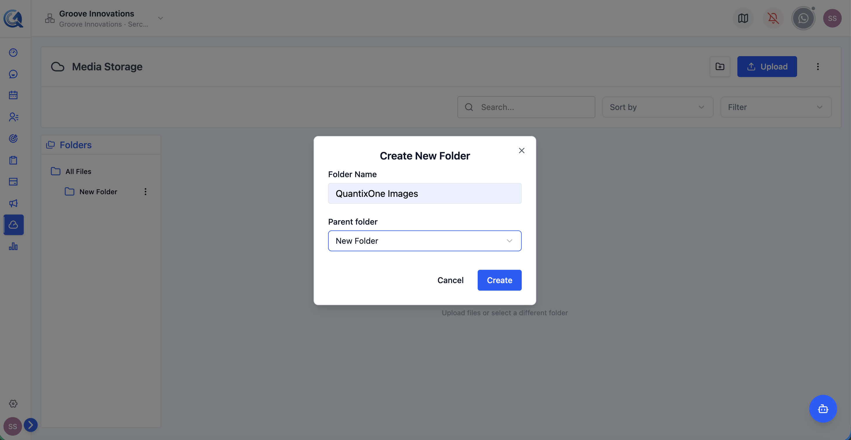 New Folder dialog with name field and parent folder selector