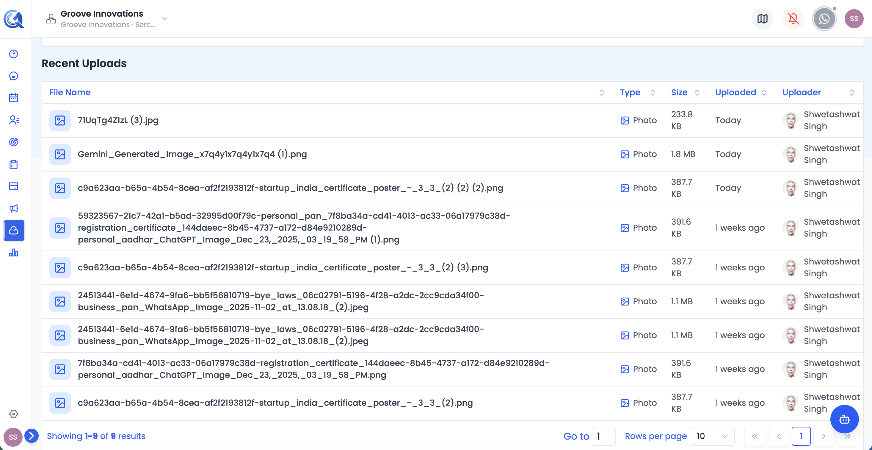 Recent uploads table showing file name, size, uploader avatar, and upload date