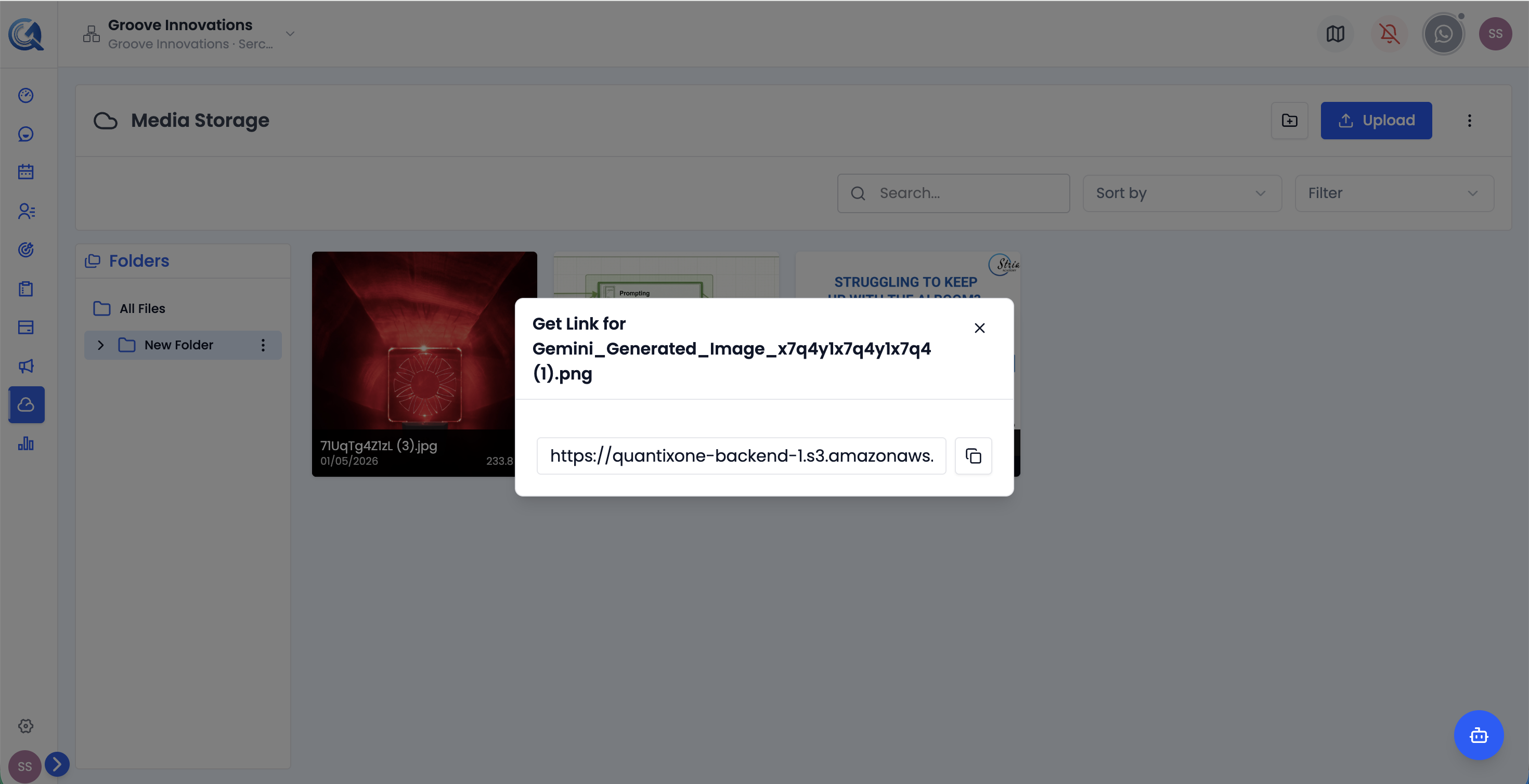 Get Link modal showing a shareable URL with a copy button