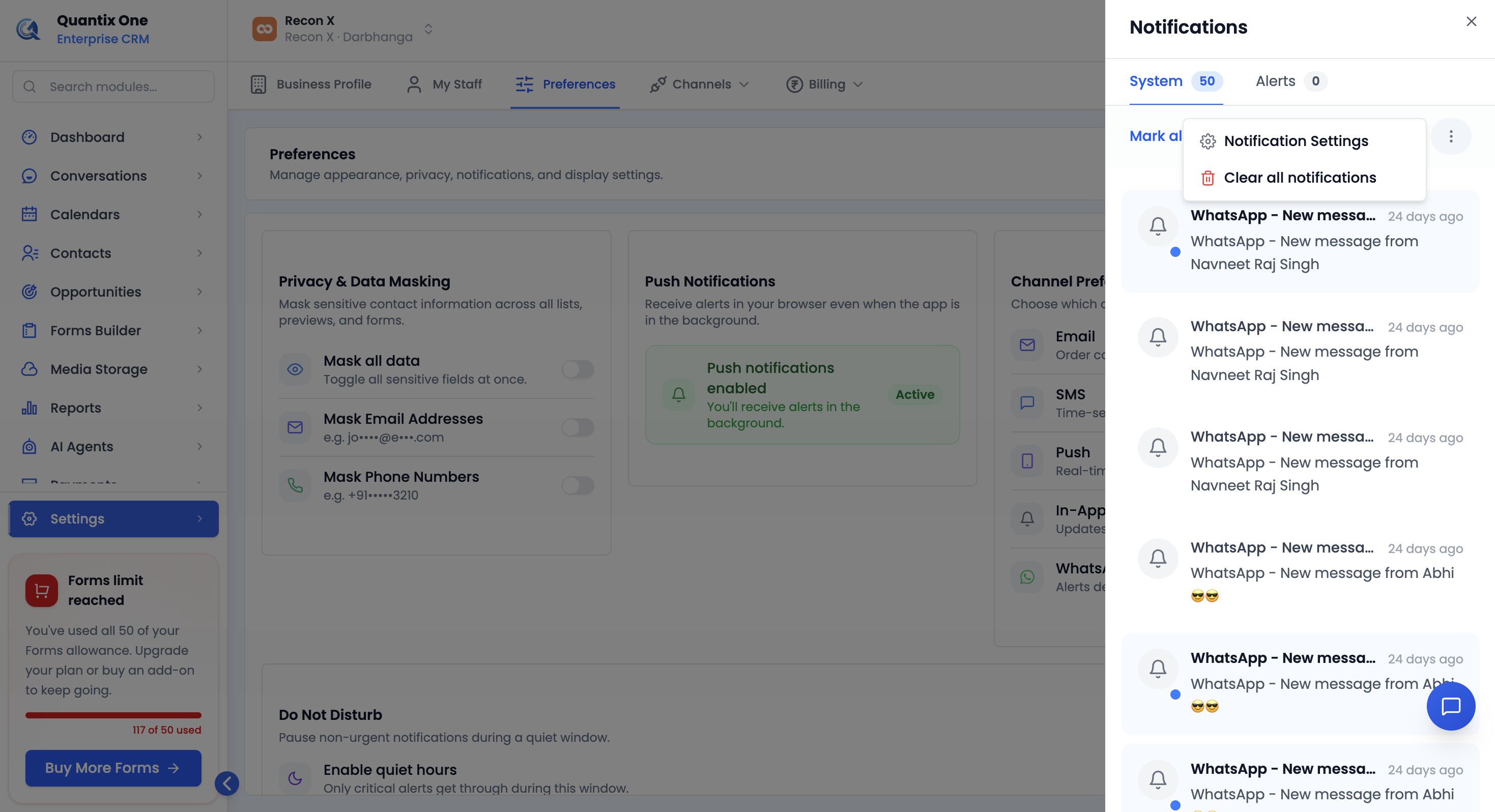 Overflow menu — Notification Settings and Clear all