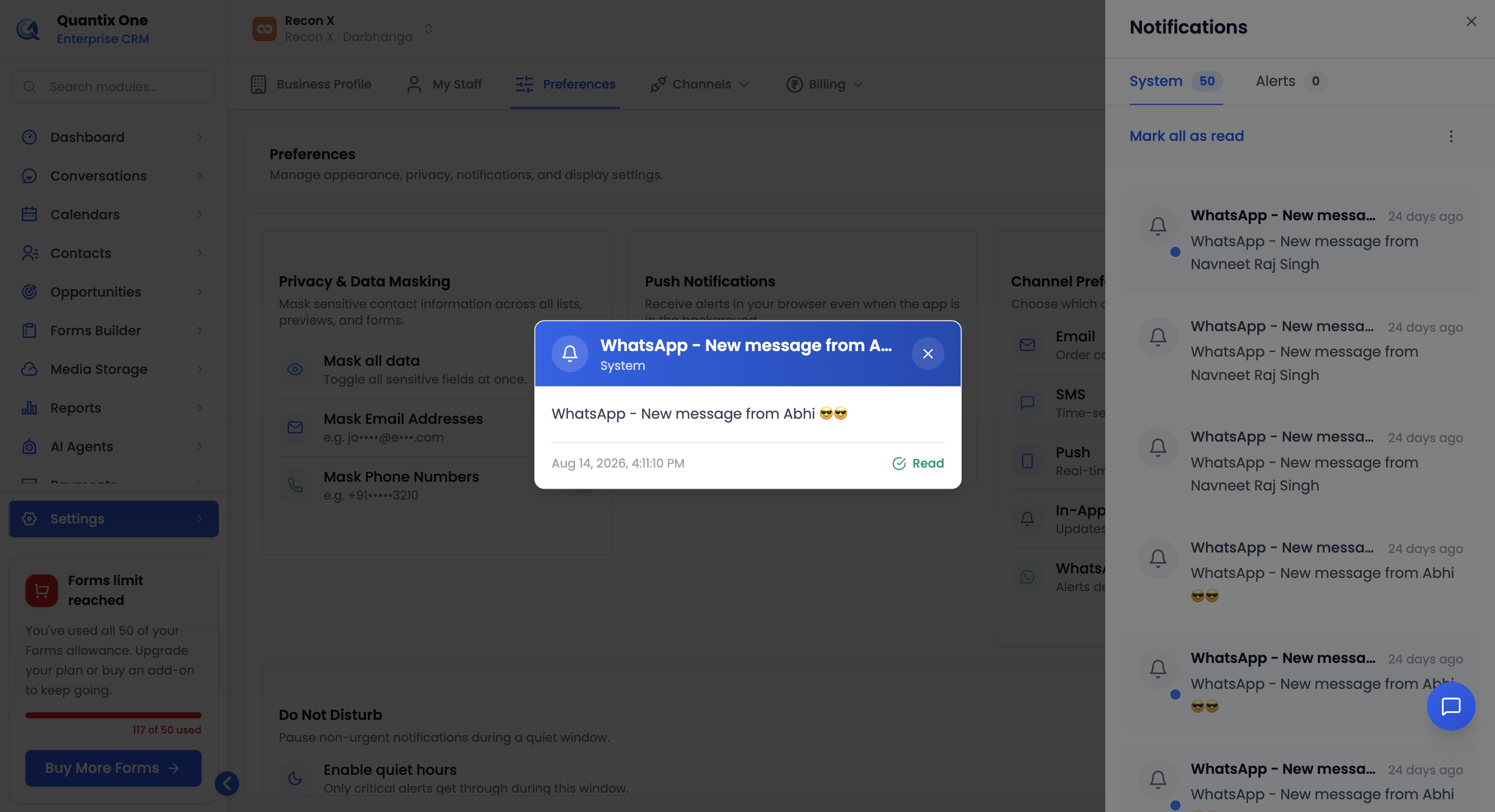 Notification detail preview modal